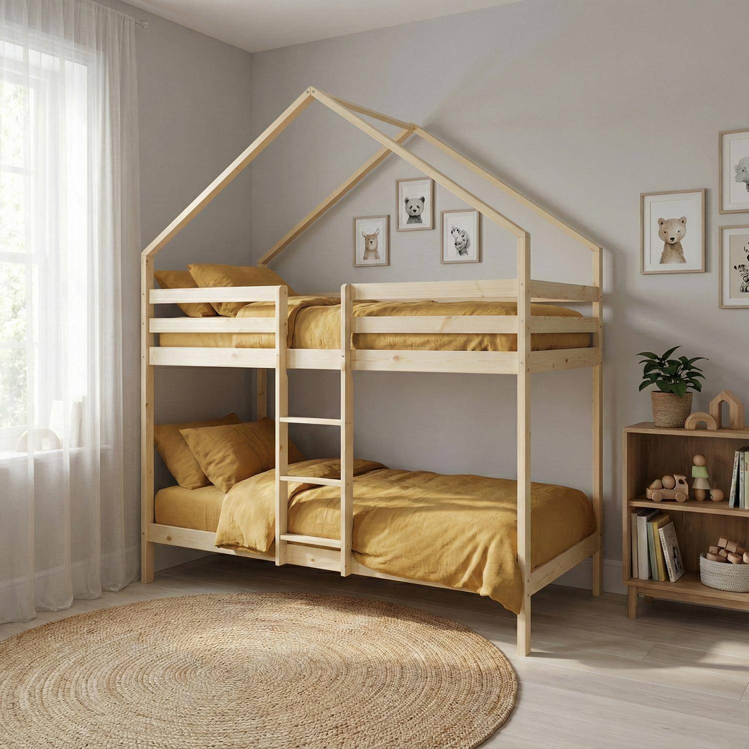 Roya - Litera infantil cabaña de pino natural, 90cm