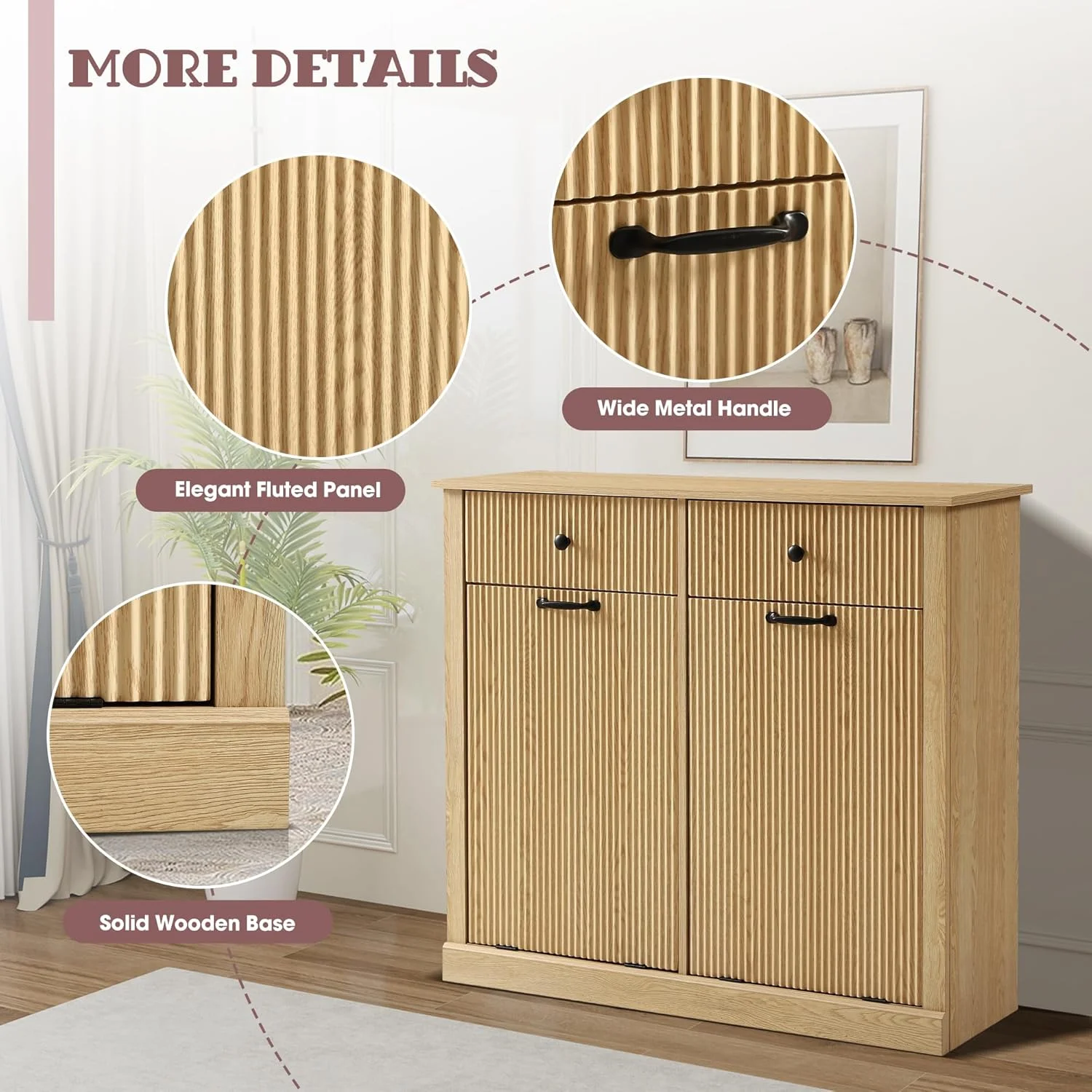 Haverchair Double Tilt Out Laundry Hamper Cabinet, Modern Fluted Trash Can Cabinets with Drawer, Wooden Hidden Garbage Cabinet for Kitchen and Bathroom - Image 4