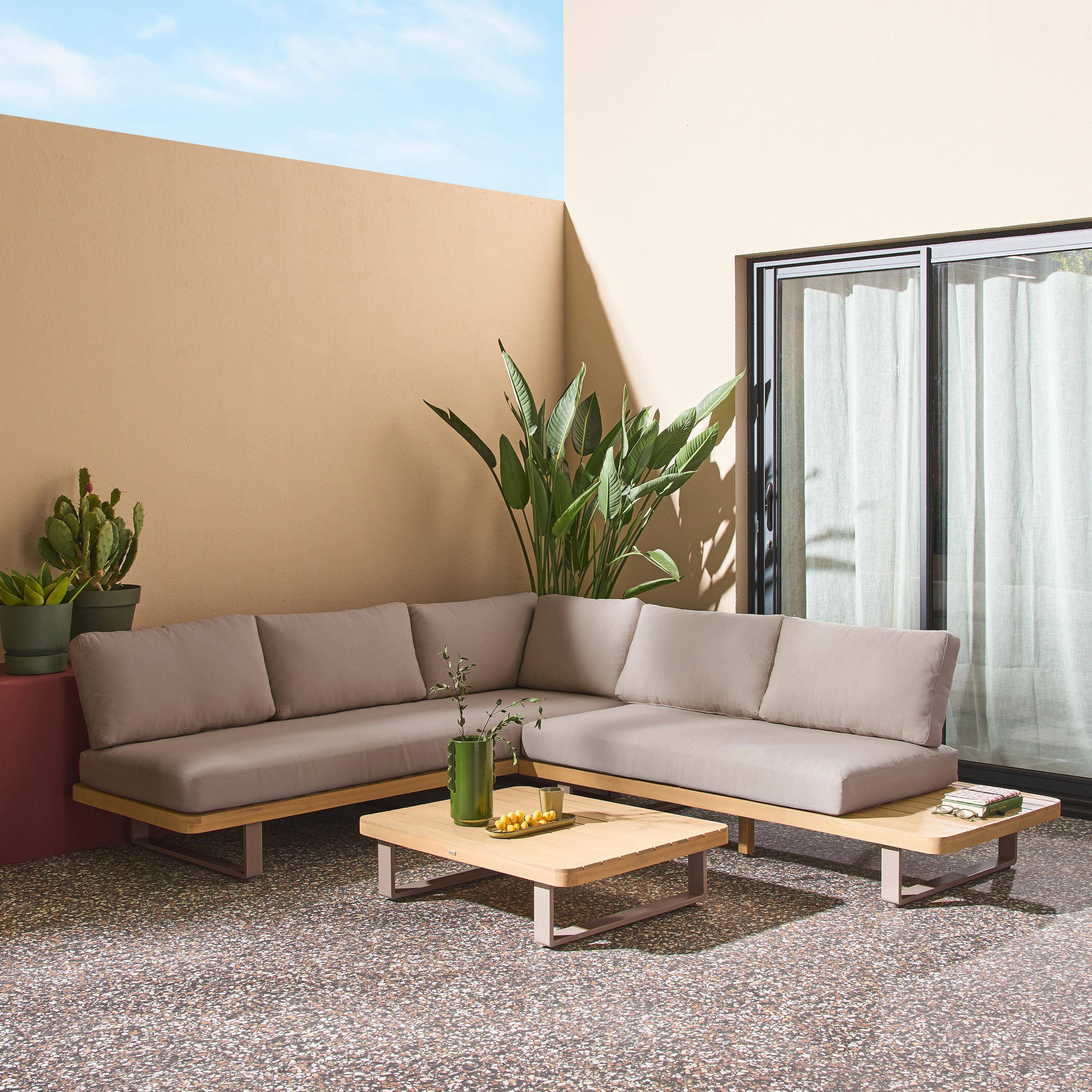 Acalia - Conjunto de jardín de esquina de madera de acacia y aluminio, 5 plazas