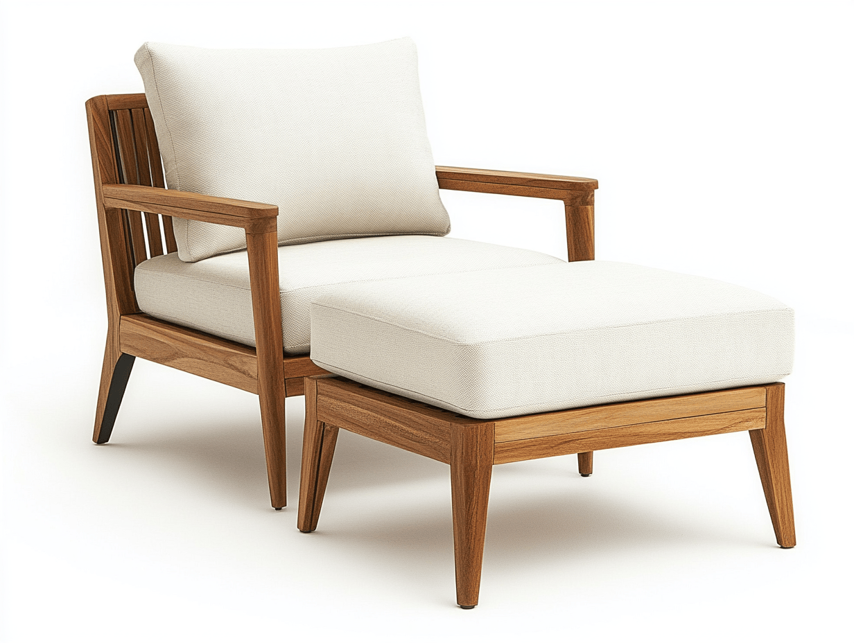 Sillón de exterior con reposapiés – madera natural y cojines beige – estilo escandinavo