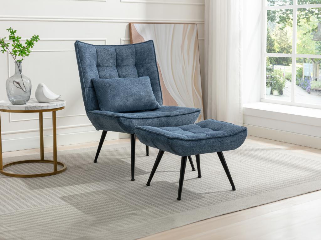 Sillón con reposapiés de tela azul MARACAO
