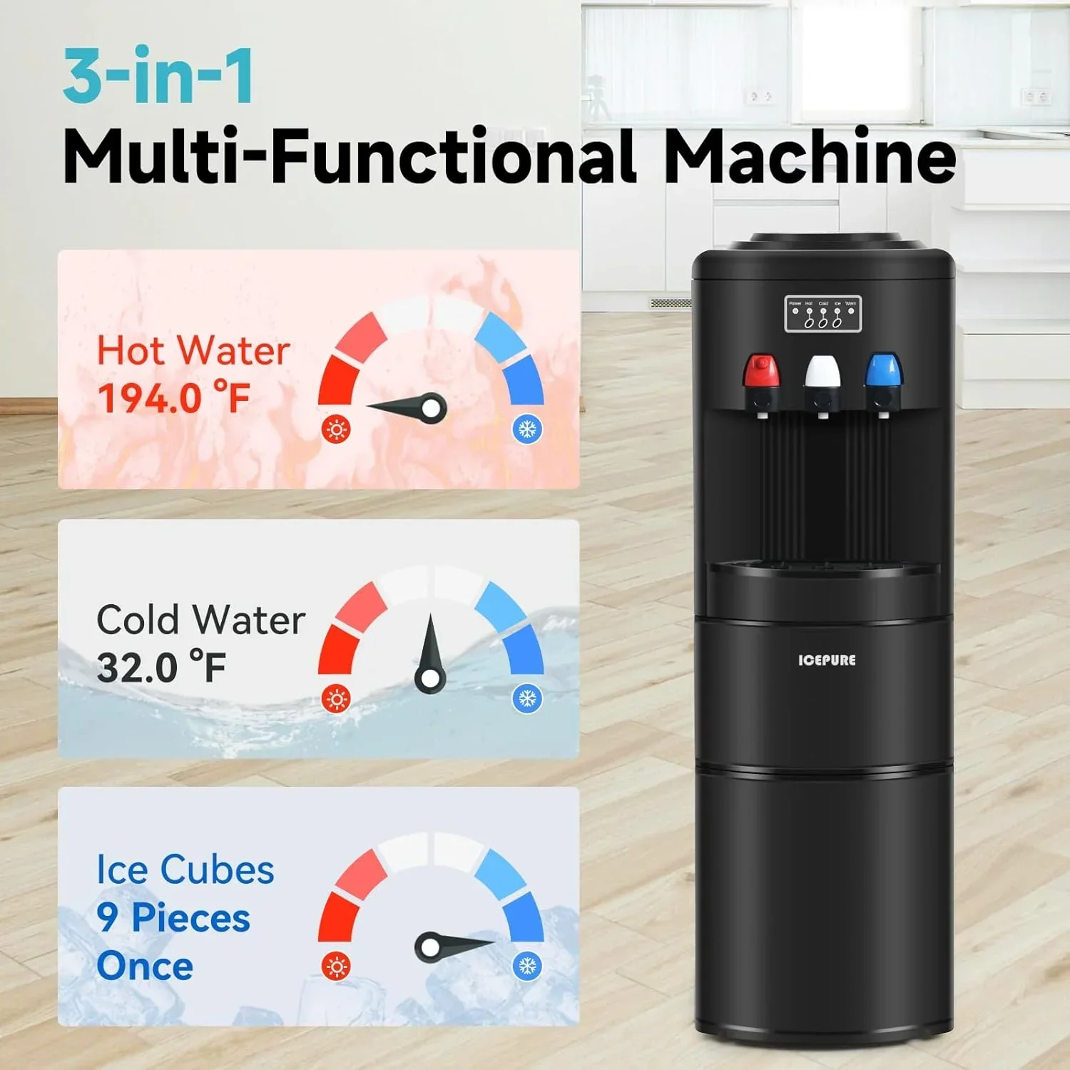 ICEPURE Water Dispenser with Ice Maker 3-in-1 Hot and Cold Water Cooler Ice Maker Machine