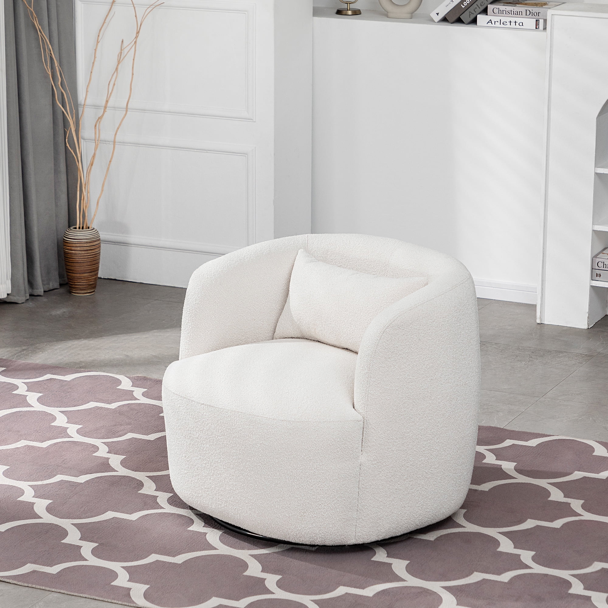 34" Wide Boucle Swivel Barrel Chair, No Assembly Round Upholstered Armchair Accent Chair Single Sofa Chair with Toss Pillow for Living Room and Bedroom, Taupe - Image 18