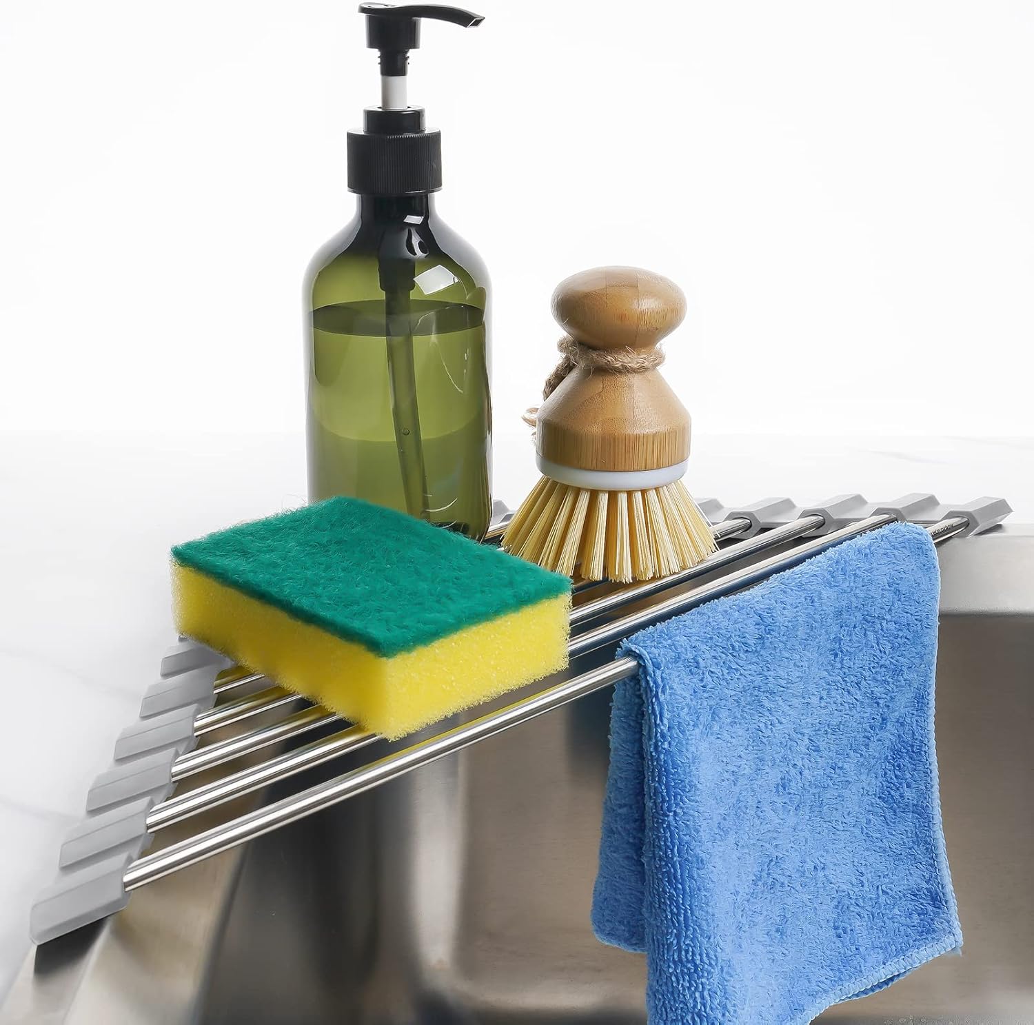Tomorotec Marble Triangle Roll-Up Dish Drying Rack for Sink Corner - Small, Foldable, Stainless Steel, Multipurpose Kitchen Drainer Caddy, Trivet, Rustproof Organizer, Storage Shelf