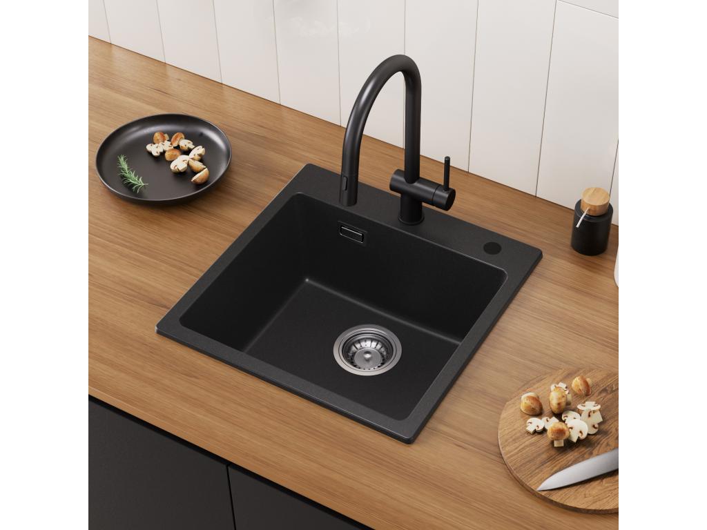 hogardiseno Fregadero 1 Seno en Cuarzo y Resina Negra 45x45cm Fregadero encastrable + Mezclador con ducha extraíble, Negro