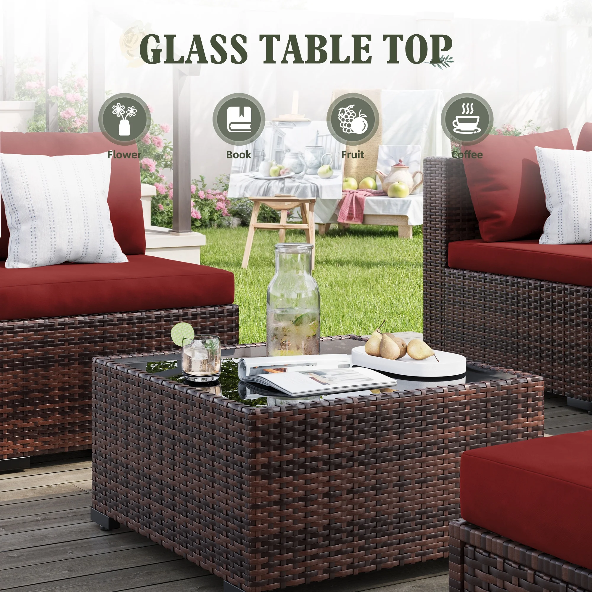 MRUAKA 8 Pieces Patio Furniture Set with Fire Pit Table, Outdoor Furniture Sectional Rattan Sofa with Slanted Back, Patio Couch with Glass Coffee Table for Backyard Garden (Dark Grey) - Image 43