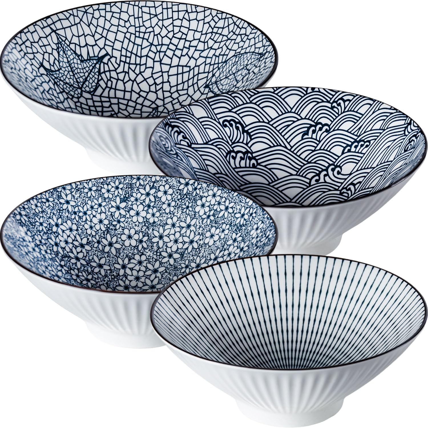38 oz Japanese Ramen Bowls Set of 4, Large Pho Bowls, 8 Inch Ceramic Blue and White Soup Bowls, Mixing Pattern