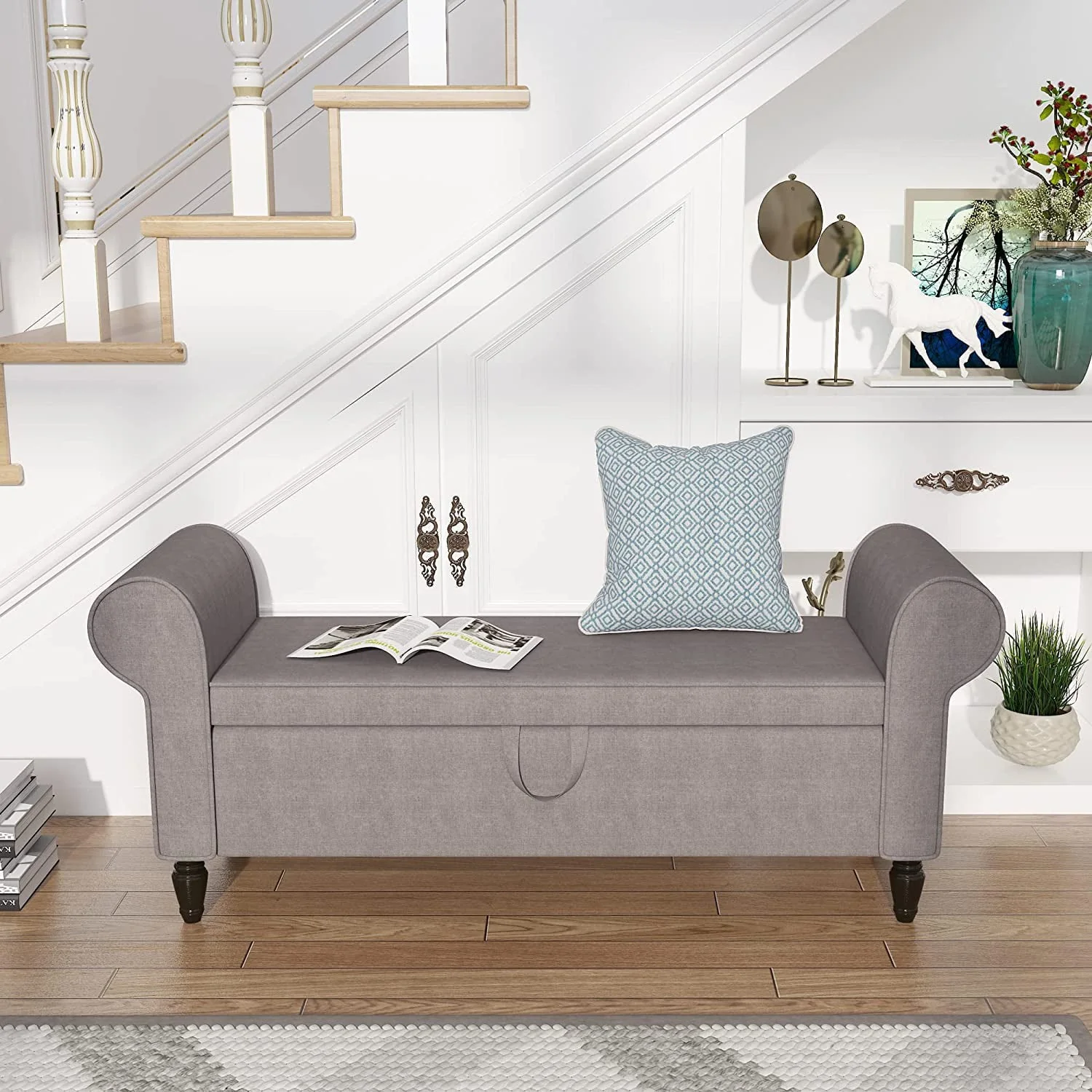 Andeworld Storage Bench with Arms Upholstered Bench Settee for Bedroom Living Room Gray - Image 2