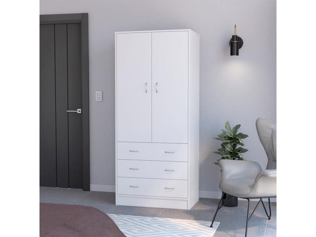 Armario en melamina con 2 puertas, 1 estante, 1 barra, 3 cajones - blanco - 180.1 X 78.7 X 48.4 Cm
