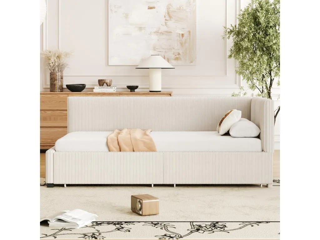 Cama tapizada de 90x200 cm sofá cama con 2 cajones y cabecero mullido tela de terciopelo beige (sin colchón) pjqm65235