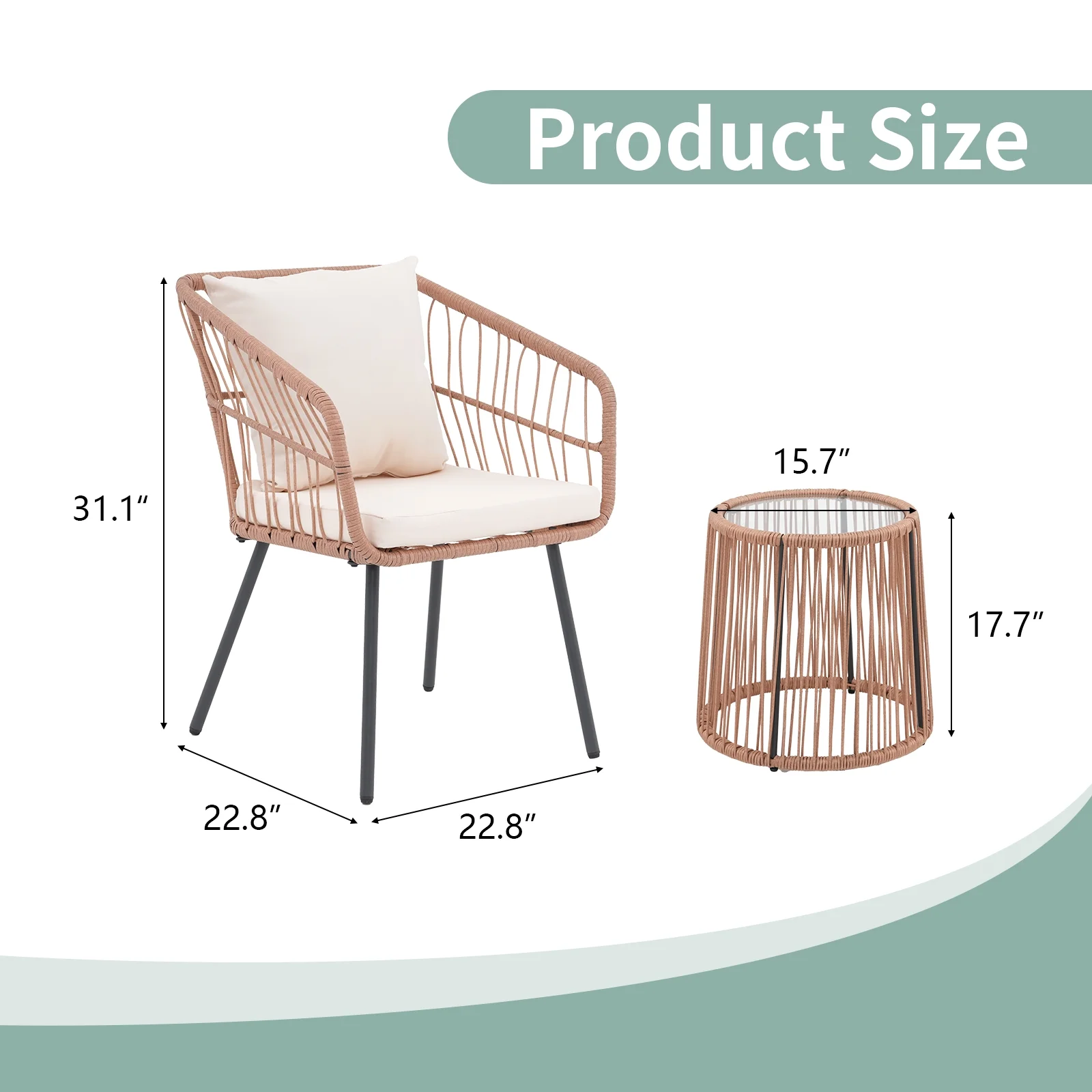 Patio Furniture Set, Betcozy3 Pieces Outdoor Chairs Set with Glass Coffee Table for Garden, Bistro, Porch, Balcony, Backyard - Image 4