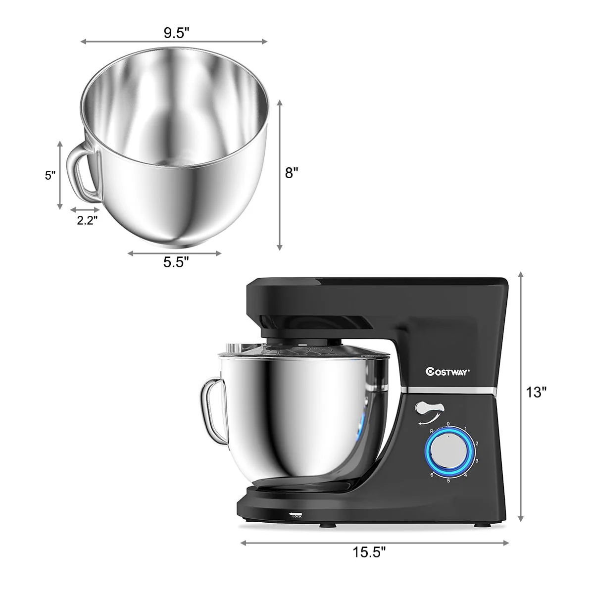 Costway Tilt-Head Stand Mixer 7.5 Qt 6 Speed 660W with Dough Hook, Whisk & Beater Black - Image 2