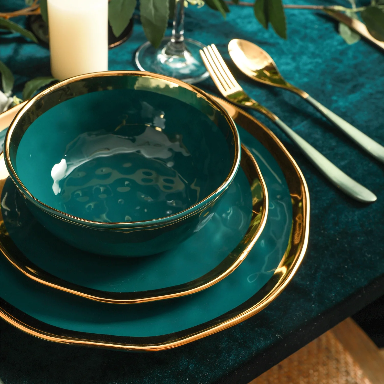 Stone Lain Florian 32-Piece Dinnerware Set Porcelain, Green - Image 2