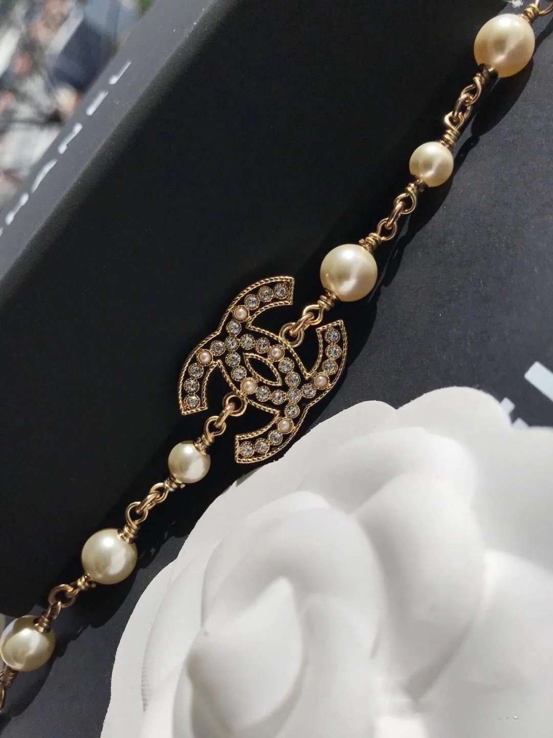 Chanel Hollow CC Diamond Paved Pearl Chain Bracelet - Original Replica Club