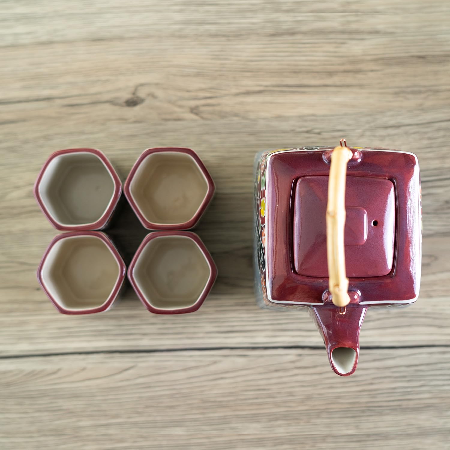 Urban Tokyo Japanese Style Cube Shape 20oz Porcelain Tea Set Teapot with Strainer, Wooden Handle and 4 Hexagon Tea Cups, Dragonfly Tombo Floral Design