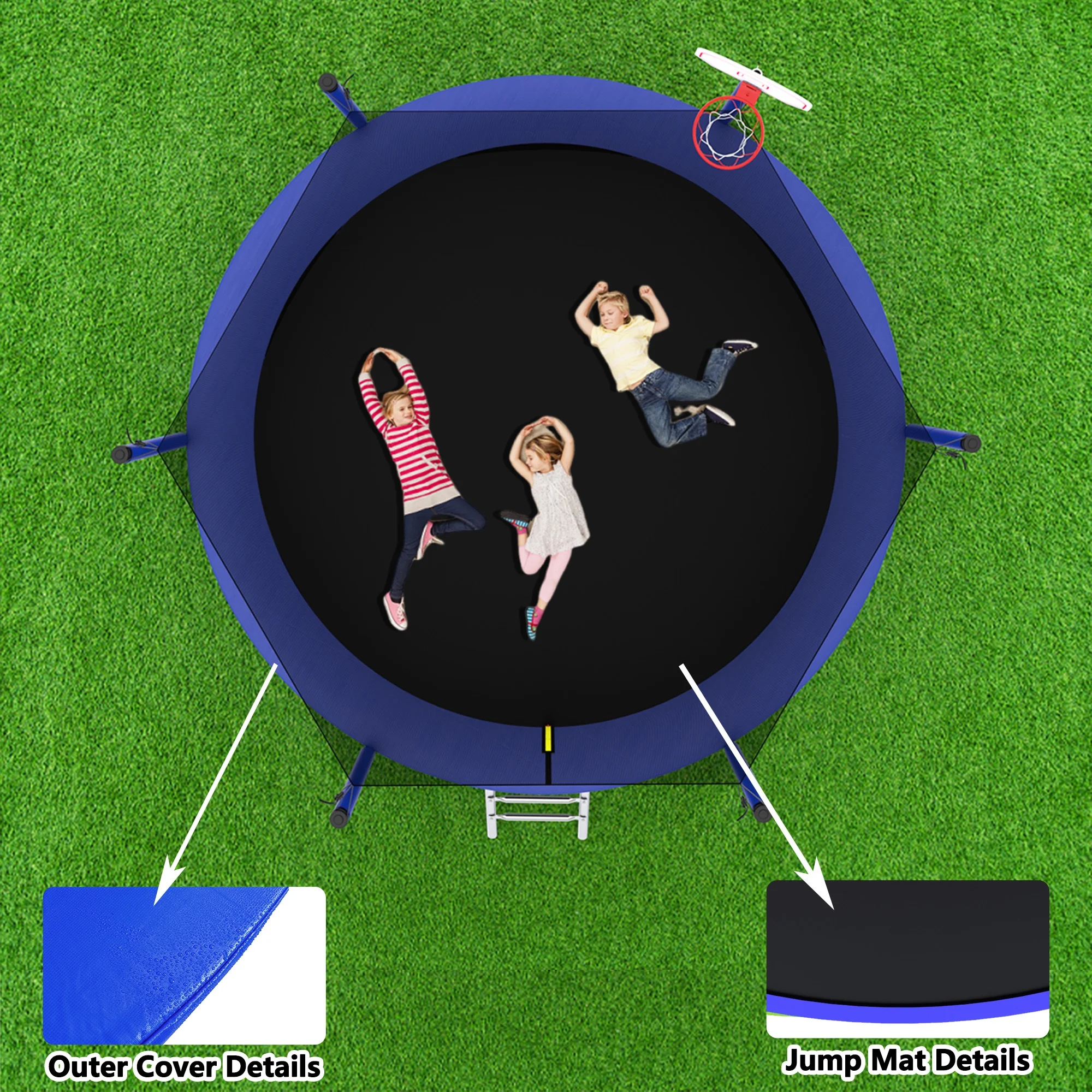 8FT Trampoline for Kids,Outdoor Trampoline with Basketball Hoop,Heavy-Duty Trampoline with Safety Enclosure Net,Blue - Image 7