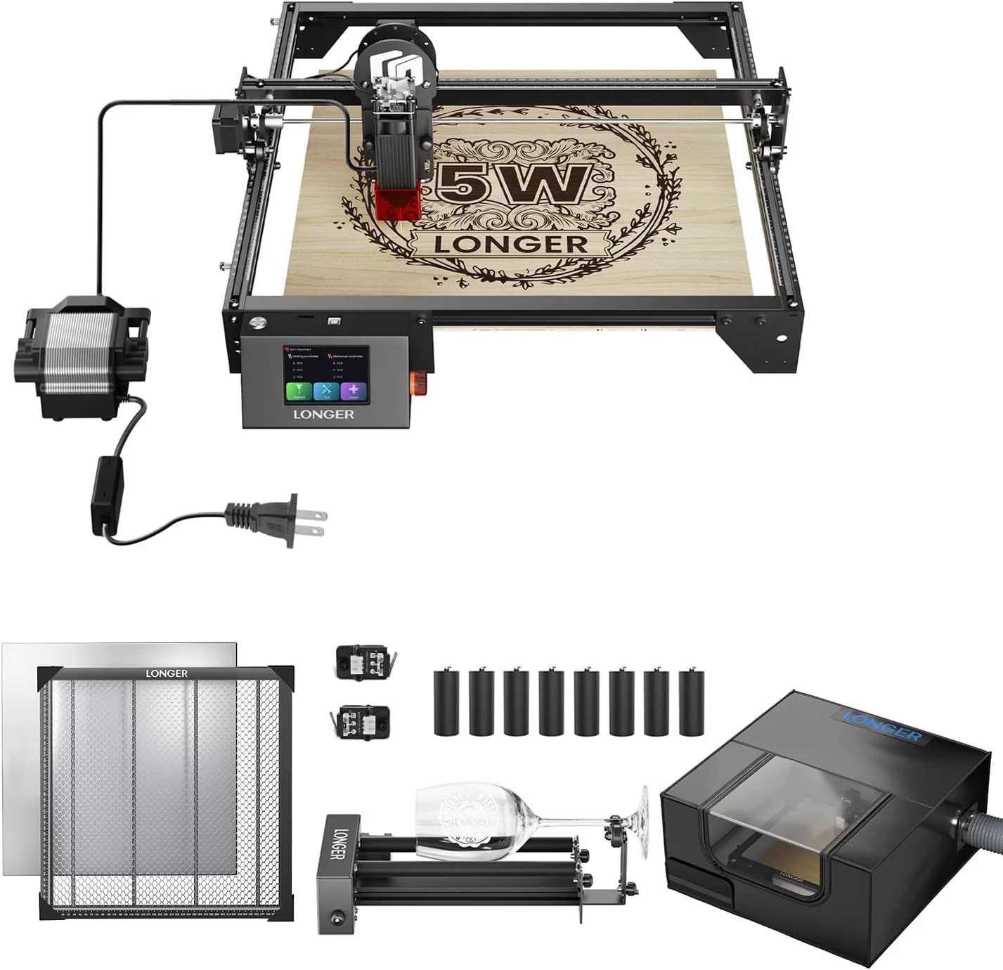 Longer RAY5 5W Laser Cutter and Laser Engraver for Tumblers, Rotary Roller Bundle, 17.3x 17.3 Working Bed, Enclosure with Vent, and Air Pump, Laser Engraver for Wood and Metal, Acrylic