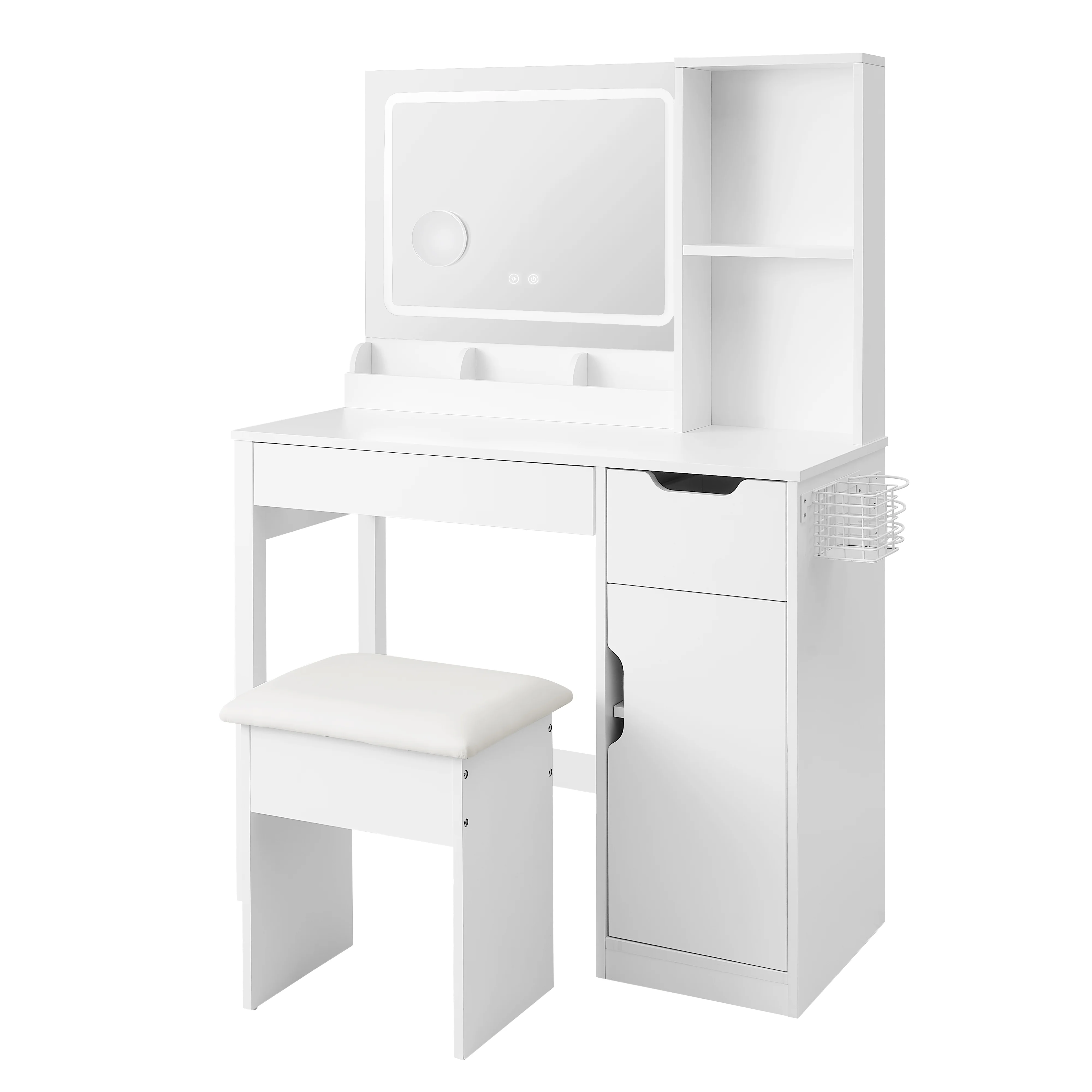 Mainstays Get Ready with Me GRWM Deluxe 2-Piece Vanity and Stool with Lighted Mirror and USB Power, White Finish - Image 4