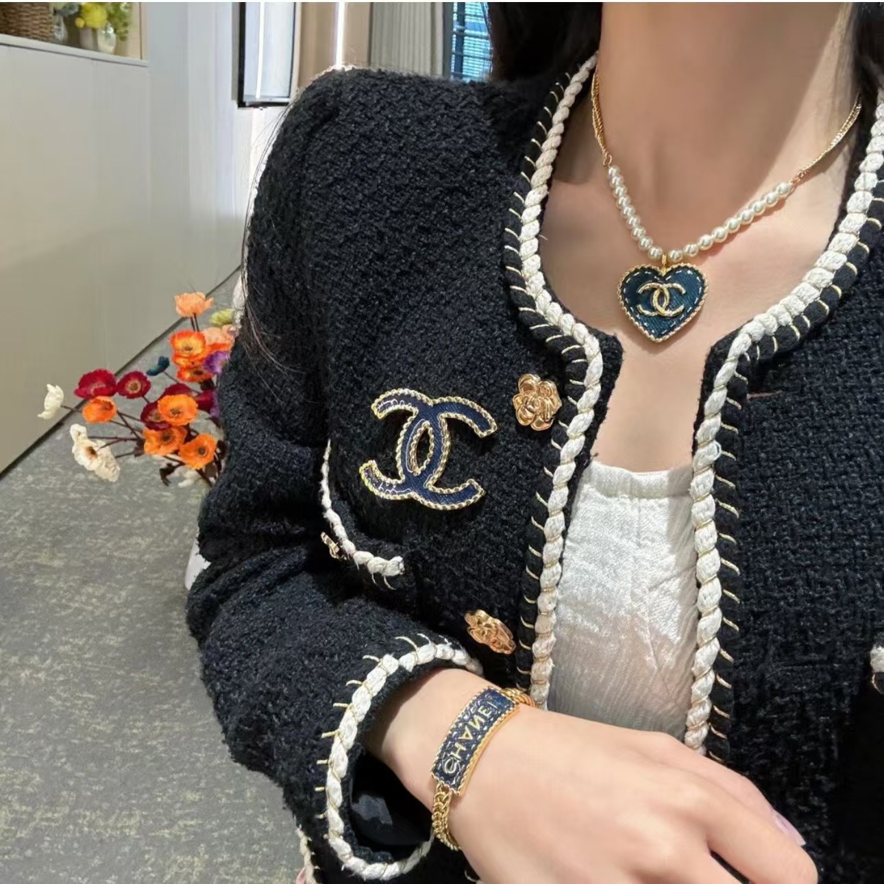 Chanel Denim Heart Double C Pendant Pearl Necklace - Original Replica Club