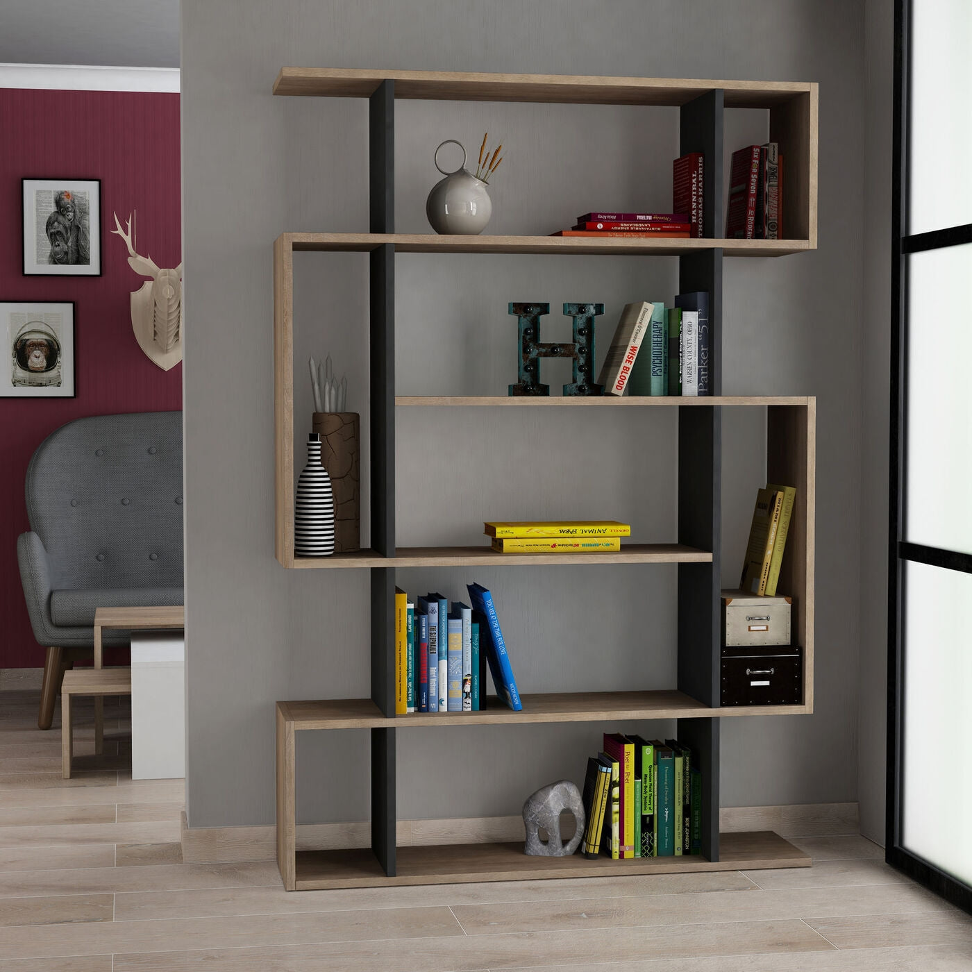 Giga Meubel - Boekenkast Antraciet Eiken - 110x26x161cm - Mito