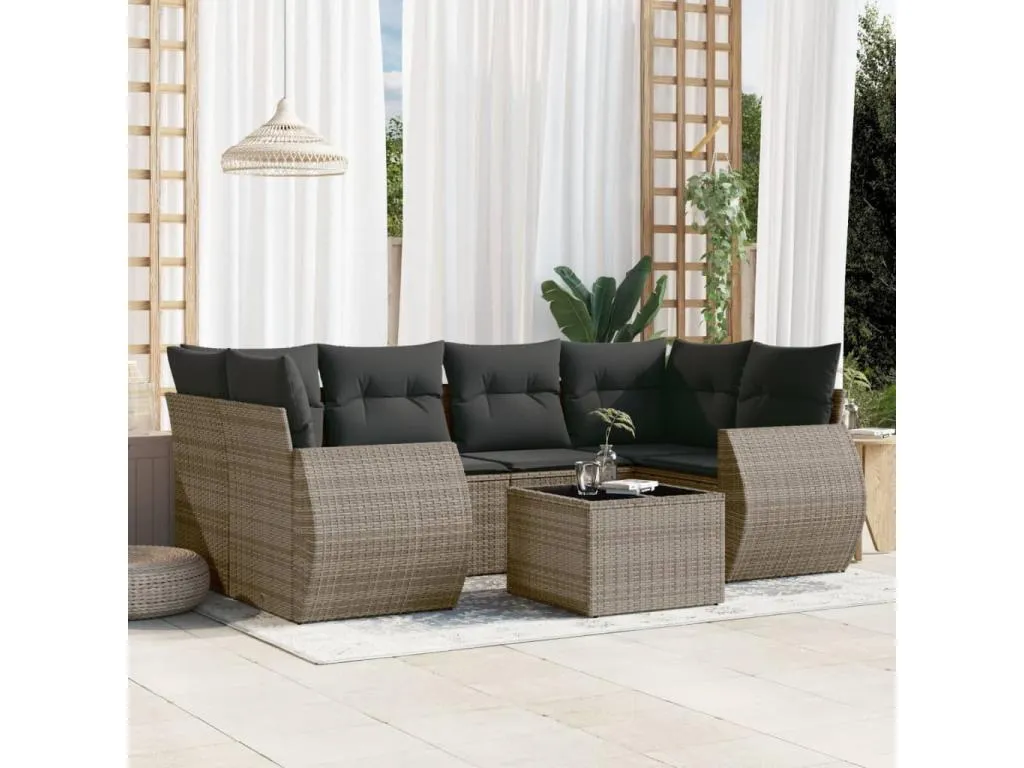 Mobtrendy Set de sofás de jardín 7 piezas con cojines ratán PE gris jpur69465