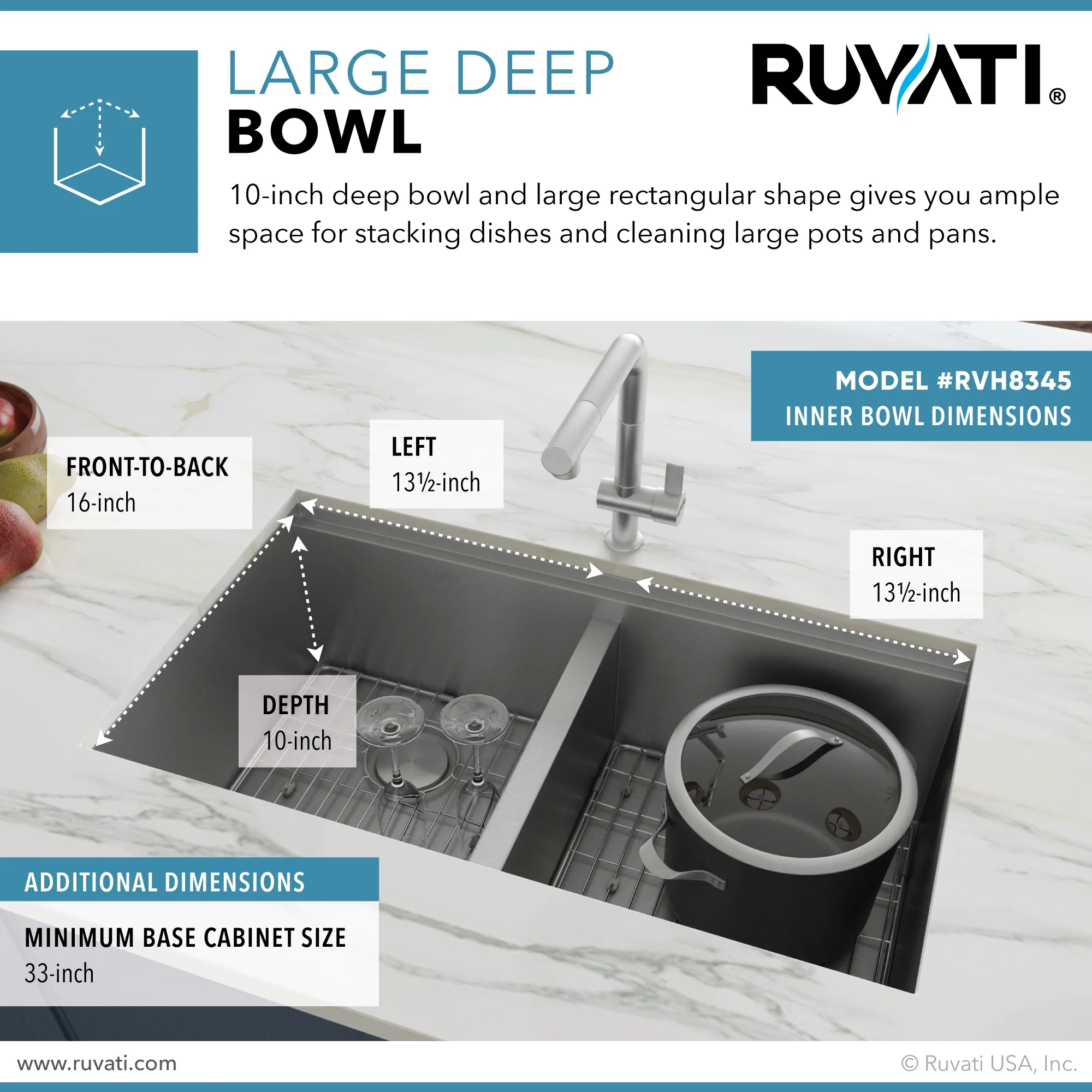 Ruvati RVH8345 Stainless Steel 33" x 10" x 19" Rectangular Undermount Sink - image 3