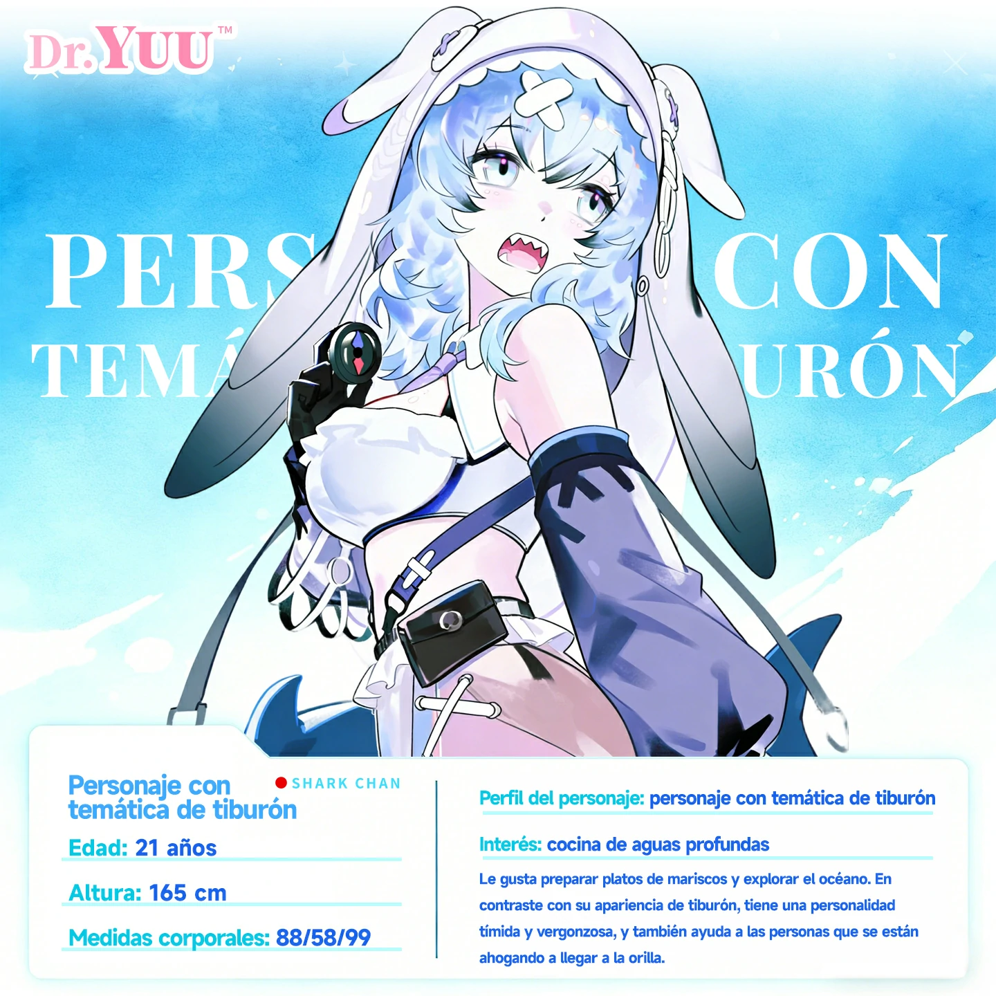 Perfil del personaje anime Shark Girl de Dr.YUU para masturbador con temática de tiburón.