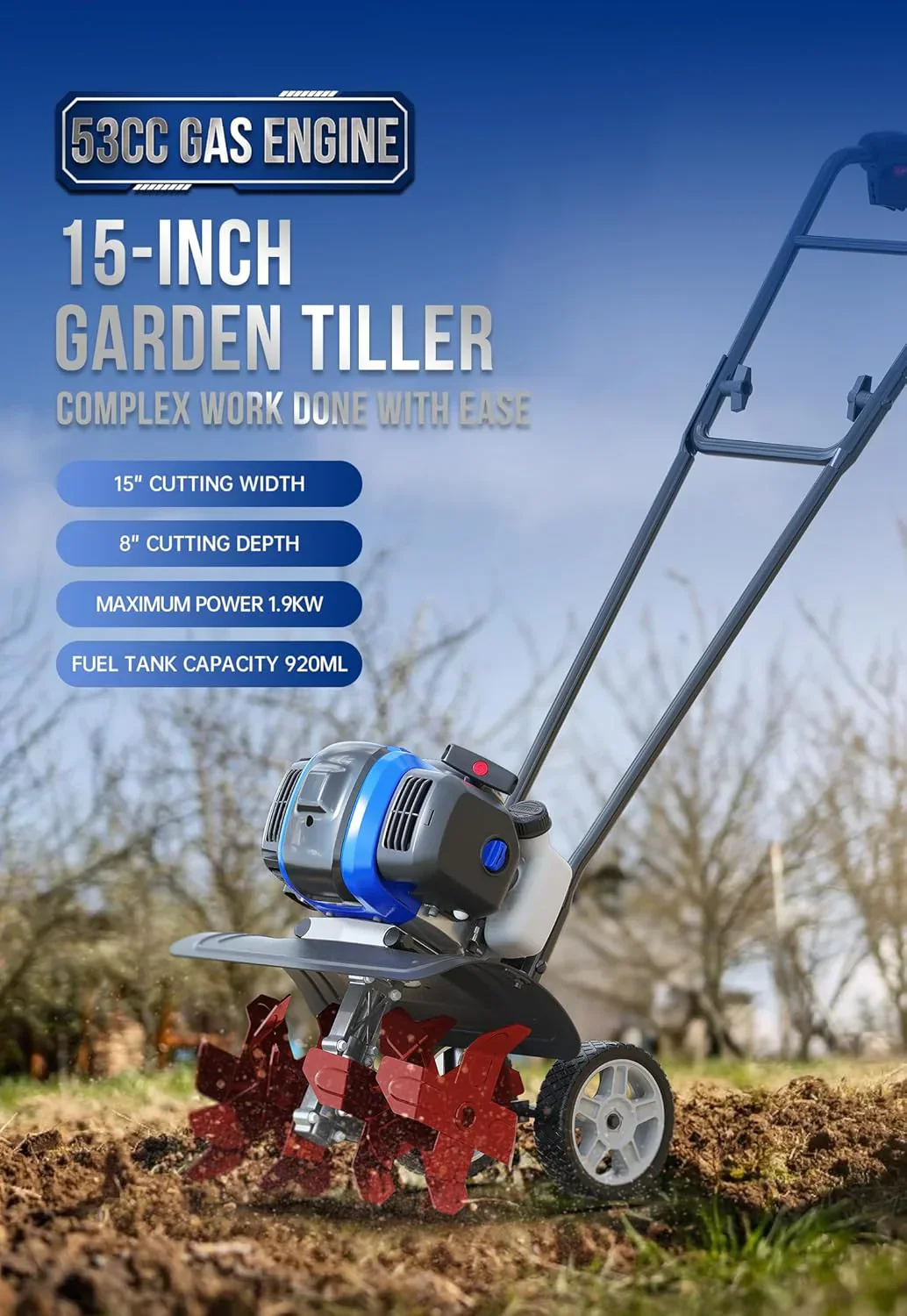 Garden Tiller 53cc Mini Cultivator 15 inch Powerful Liftable Booster Rod Tilling Tool