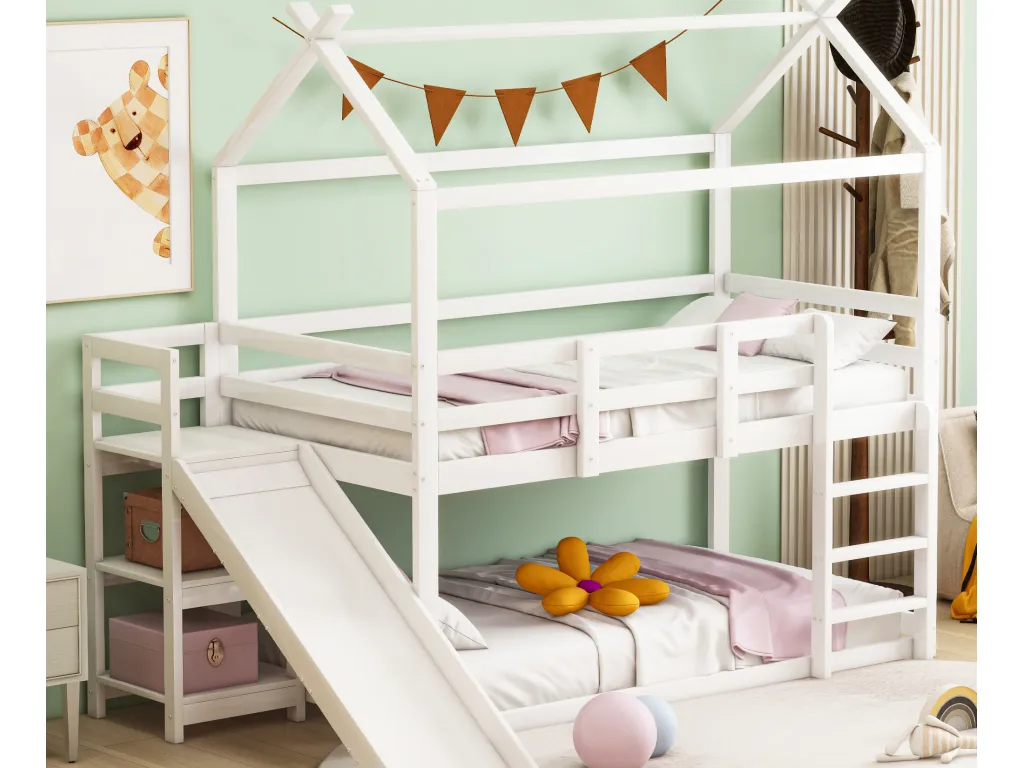 Literas 2x90x200 cm con escalera y tobogán - Lluesmamuebles maciza - blanco