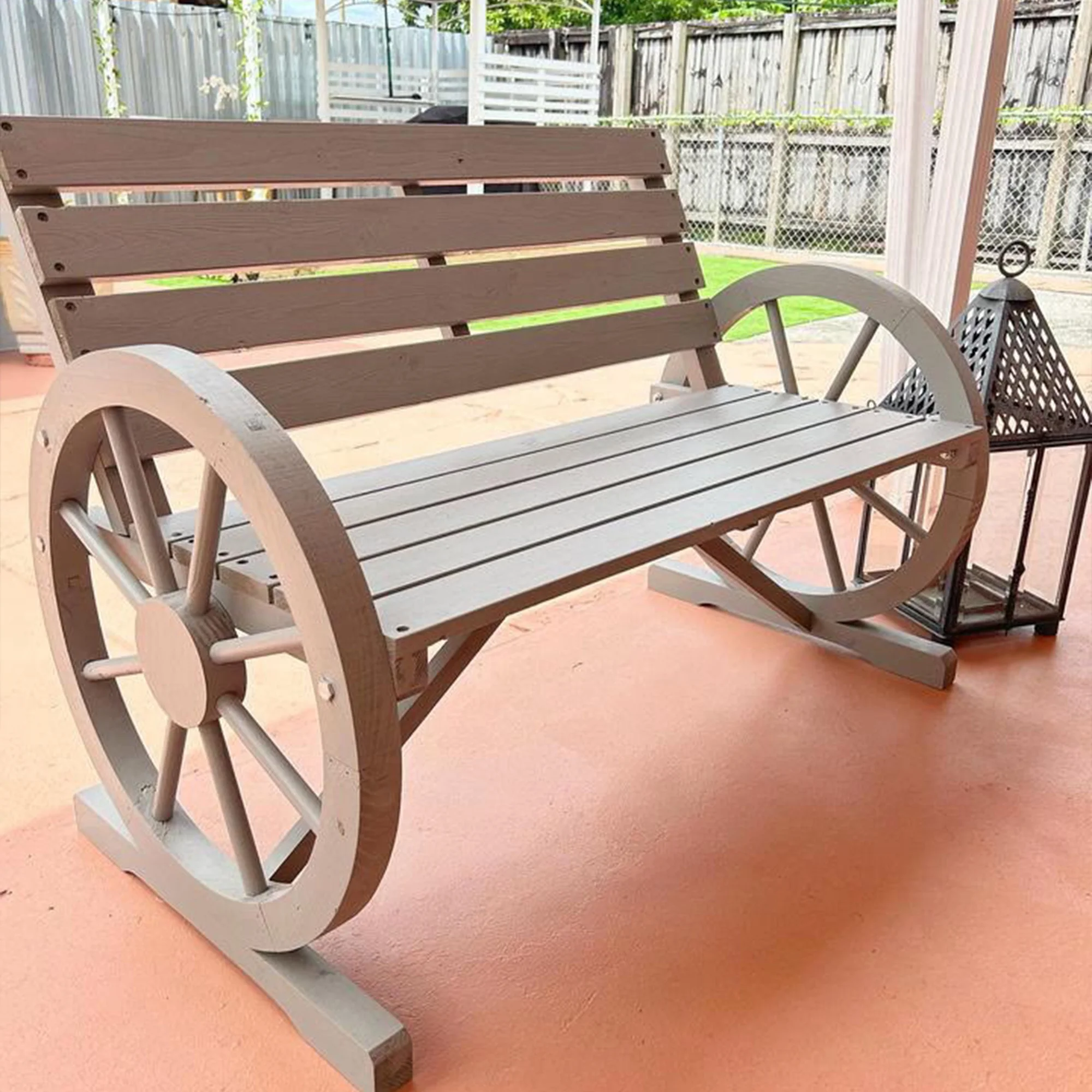 Outsunny Wooden Wagon Wheel Bench Rustic Outdoor Patio Furniture, 2-Person Seat Bench with Backrest Carbonized - Image 18