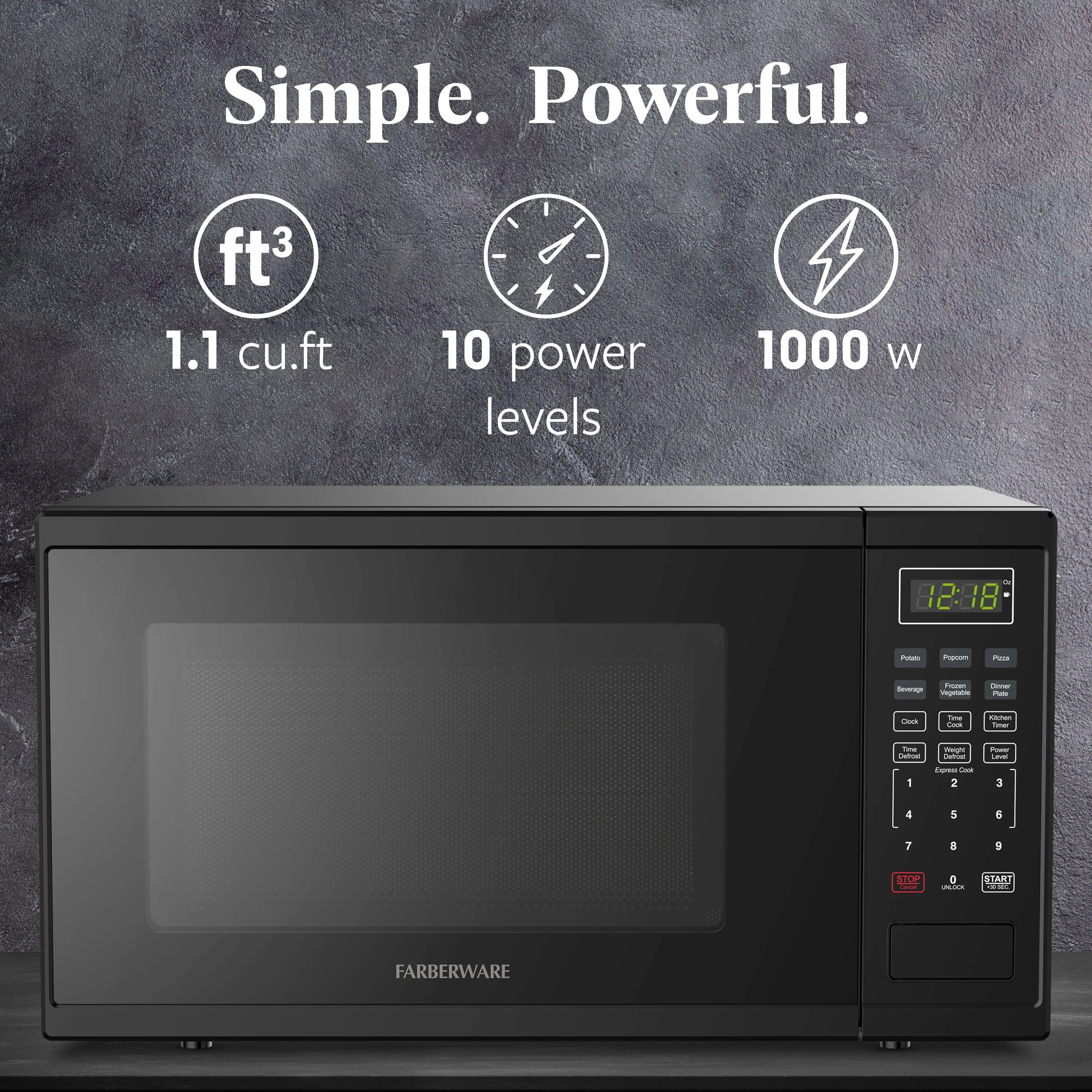 Farberware FMGZ09BKA 0.9 Cu. Ft. Microwave Oven, 900W, Digital Control, LED Display, 6 Cooking Presets, Black