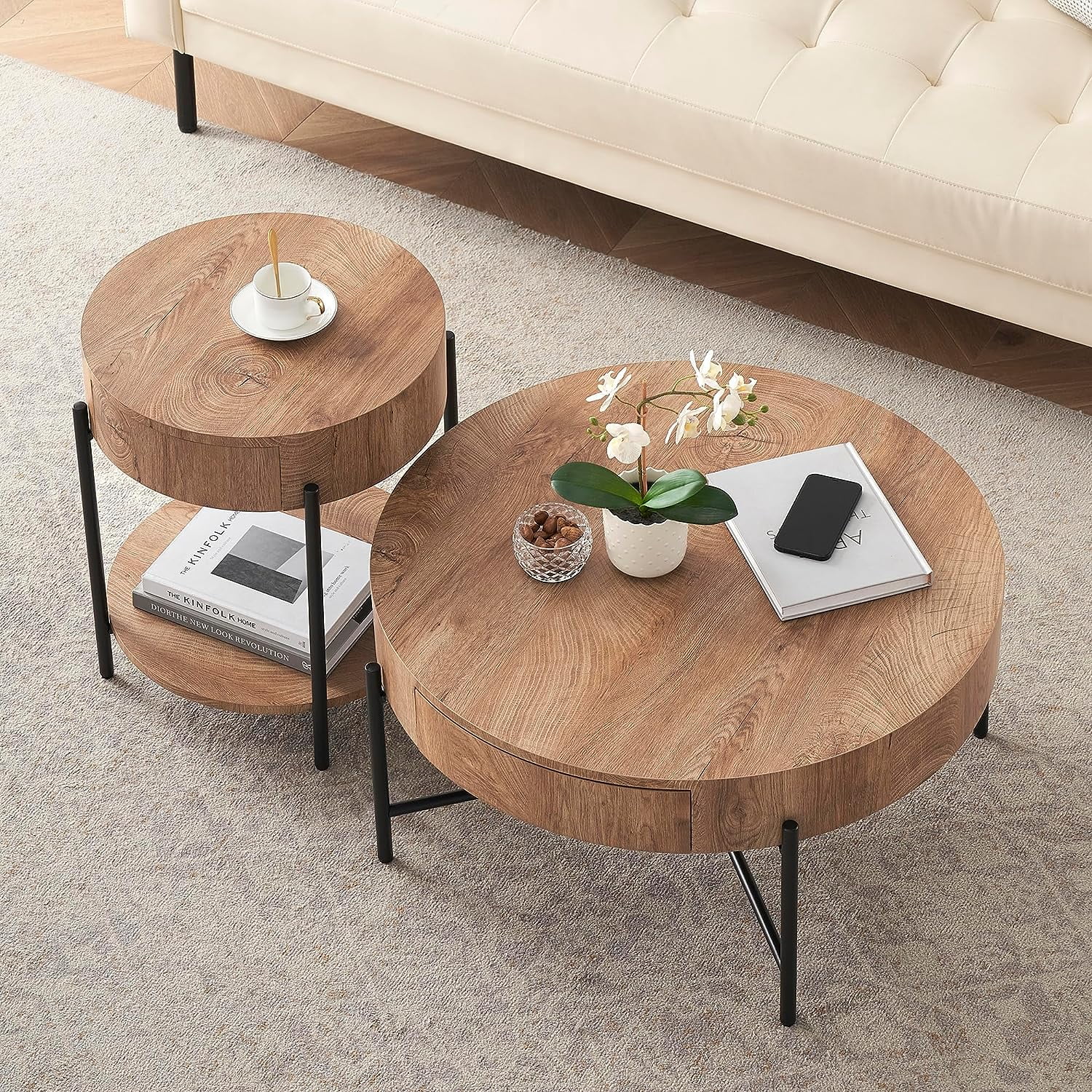 Round Coffee Table with Drawers Circle Living Room Table Wood Accent Coffee Table with Storage White Center Table (Natural) - Image 14
