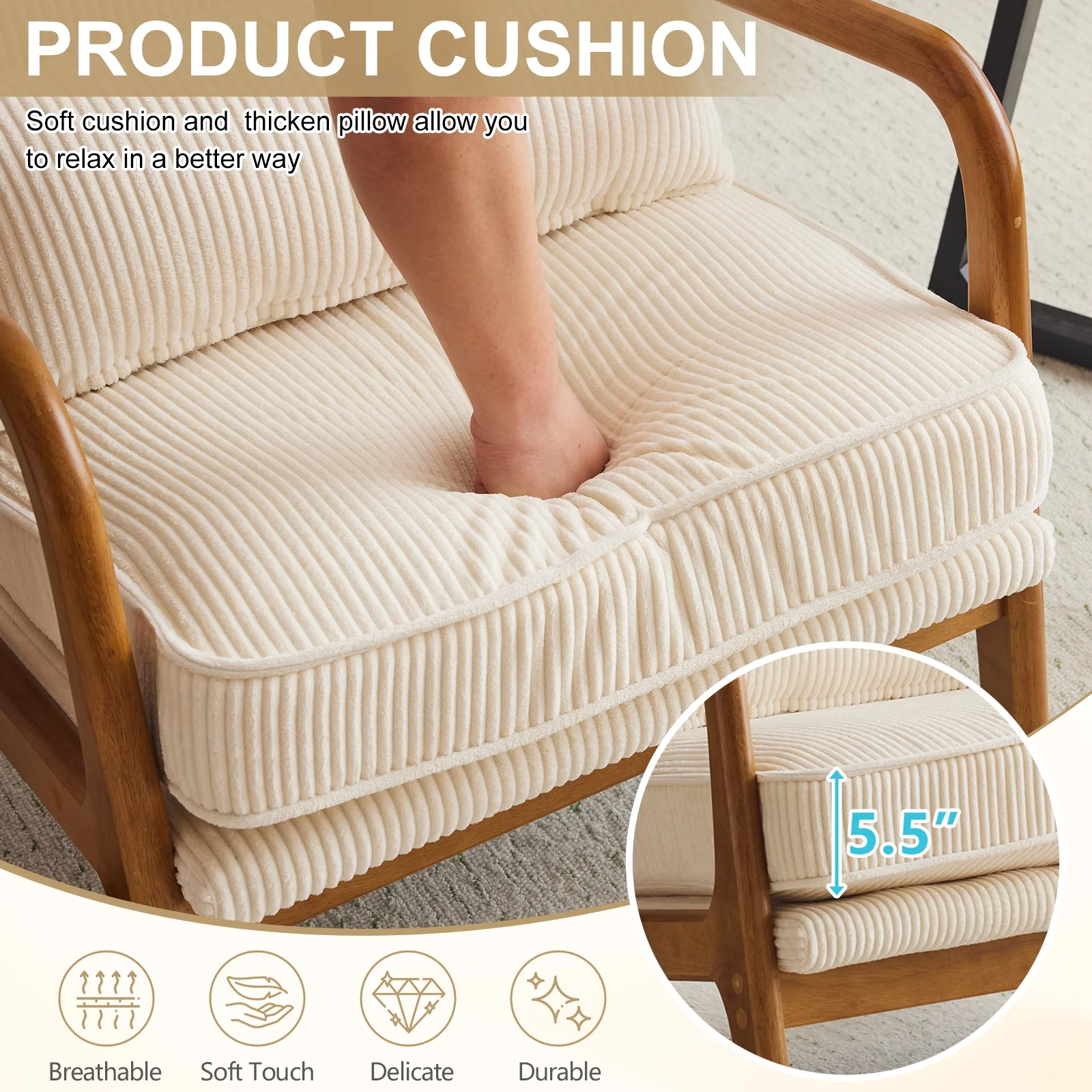 Ktaxon Accent Chair Corduroy Upholstered Armchair, Reading Club Chair with Pillow and Solid Wood Frame for Living Room Bedroom Furniture Off White - Image 12