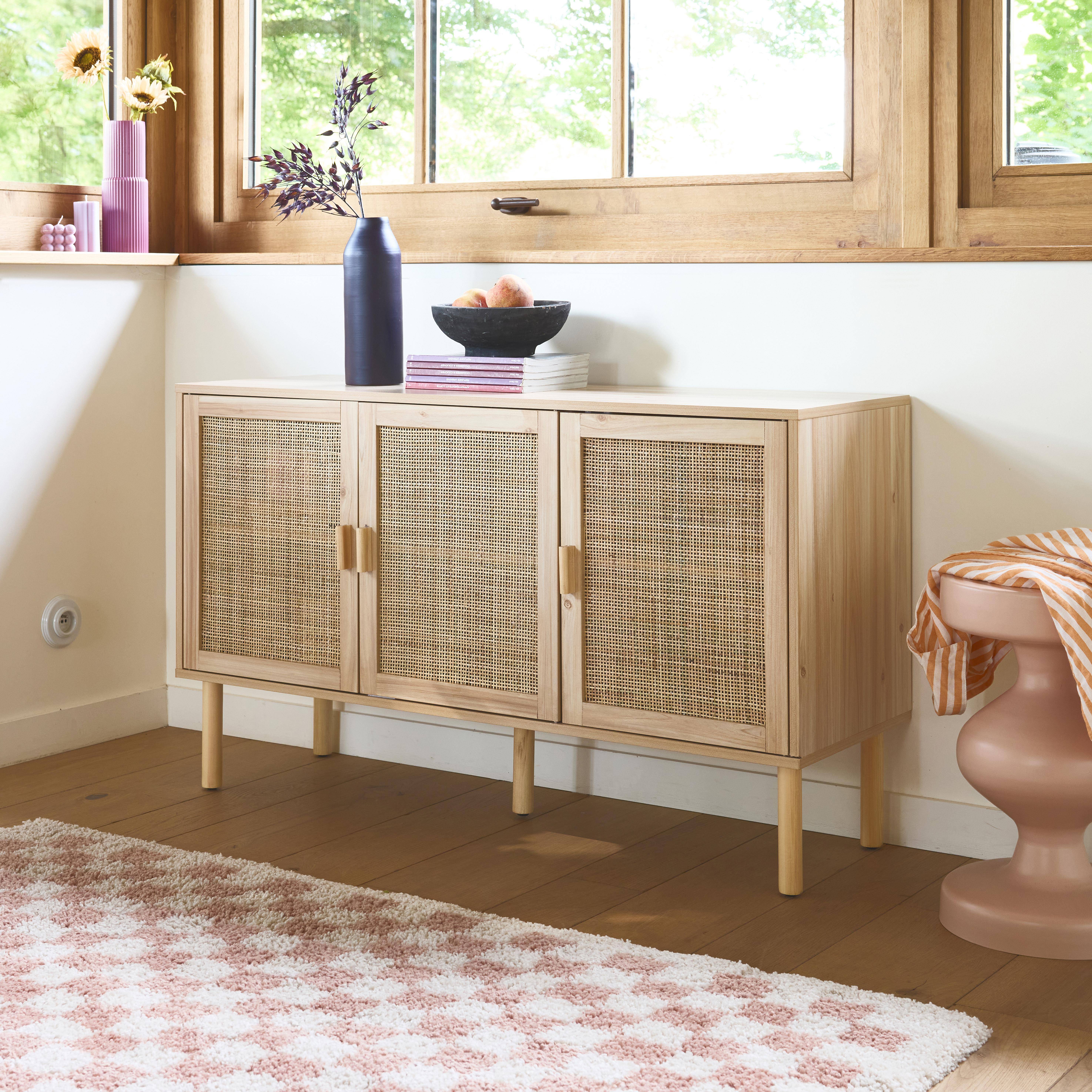 Camargue - Aparador de 3 puertas con mimbre y efecto madera