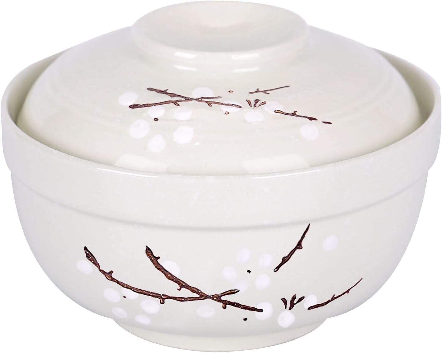 WHJY Japanese Creative Hand-painted Ceramic Tableware with Lid for Soup and Noodles, with Heat Preservation Function, Integrated Bowl and Lid - Blue Plum