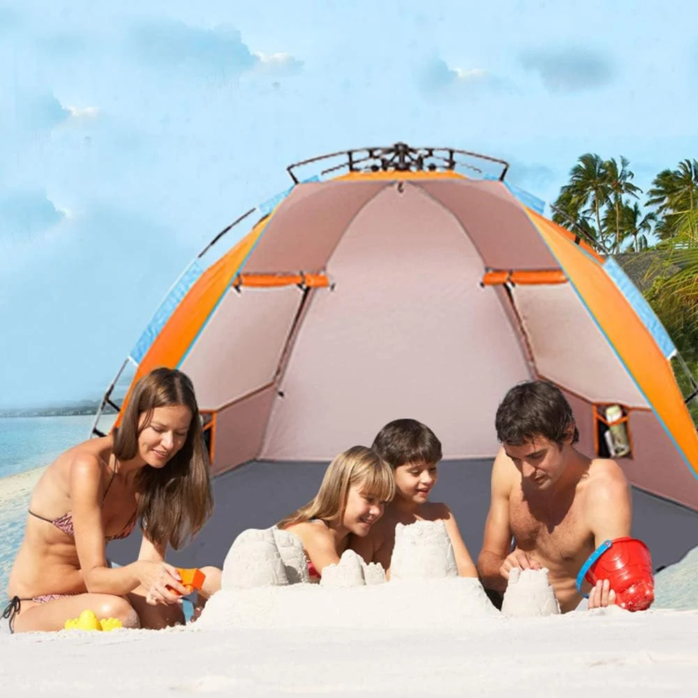 X-Large 4 Person Beach Tent Sun Shelter - Portable Sun Shade Instant Tent for Beach with Carrying Bag, Stakes, 6 Sand Pockets, Anti UV for Fishing Hiking Camping, Waterproof Windproof, Orange - Image 5