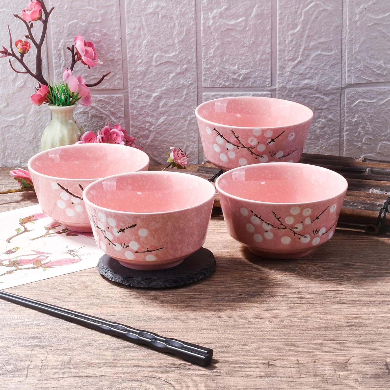 Pink Ceramic Rice Bowl Set of 4, 4.37 Inch Japanese Cherry Blossom Small Bowls for Kitchen, Floral Porcelain Bowls for Cereal, Dessert, Sushi Sauce & Snack