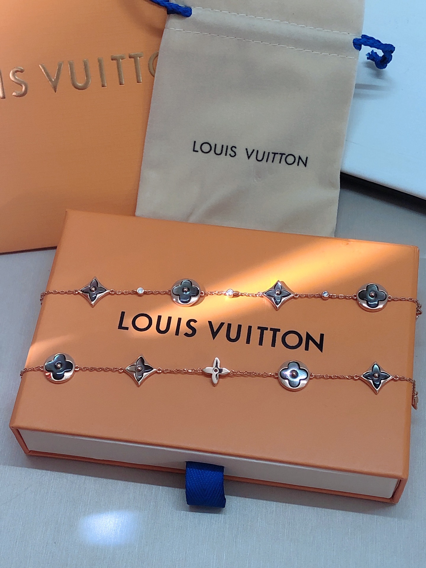 Louis Vuitton Rose Gold Gray Mother of Pearl Earrings Bracelet Necklace - Original Replica Club