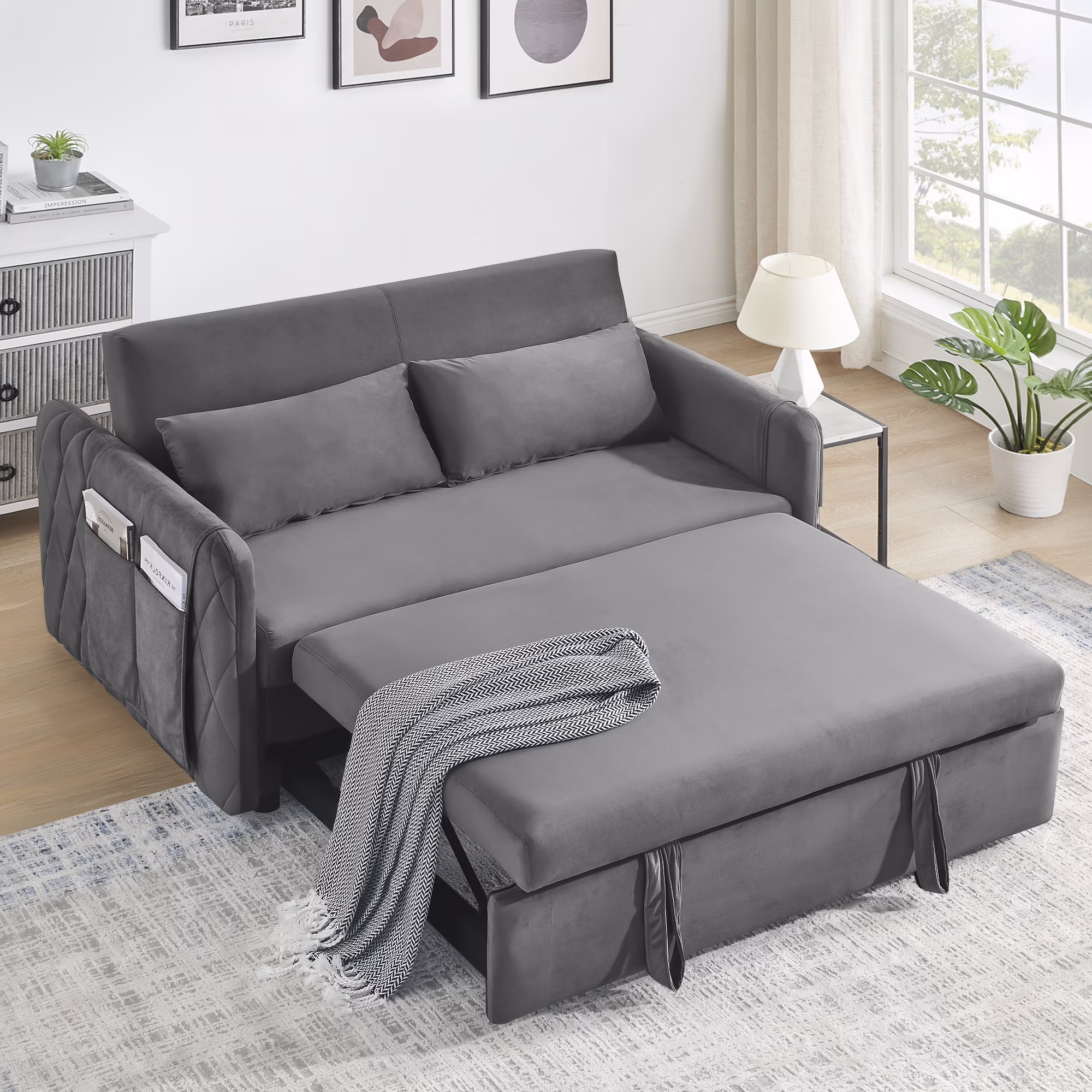 Convertible Sofa Bed,3 in 1 Sleeper Sofa with 2 Pillows and Adjustable Backrest for Living Room Office,Black - Image 5