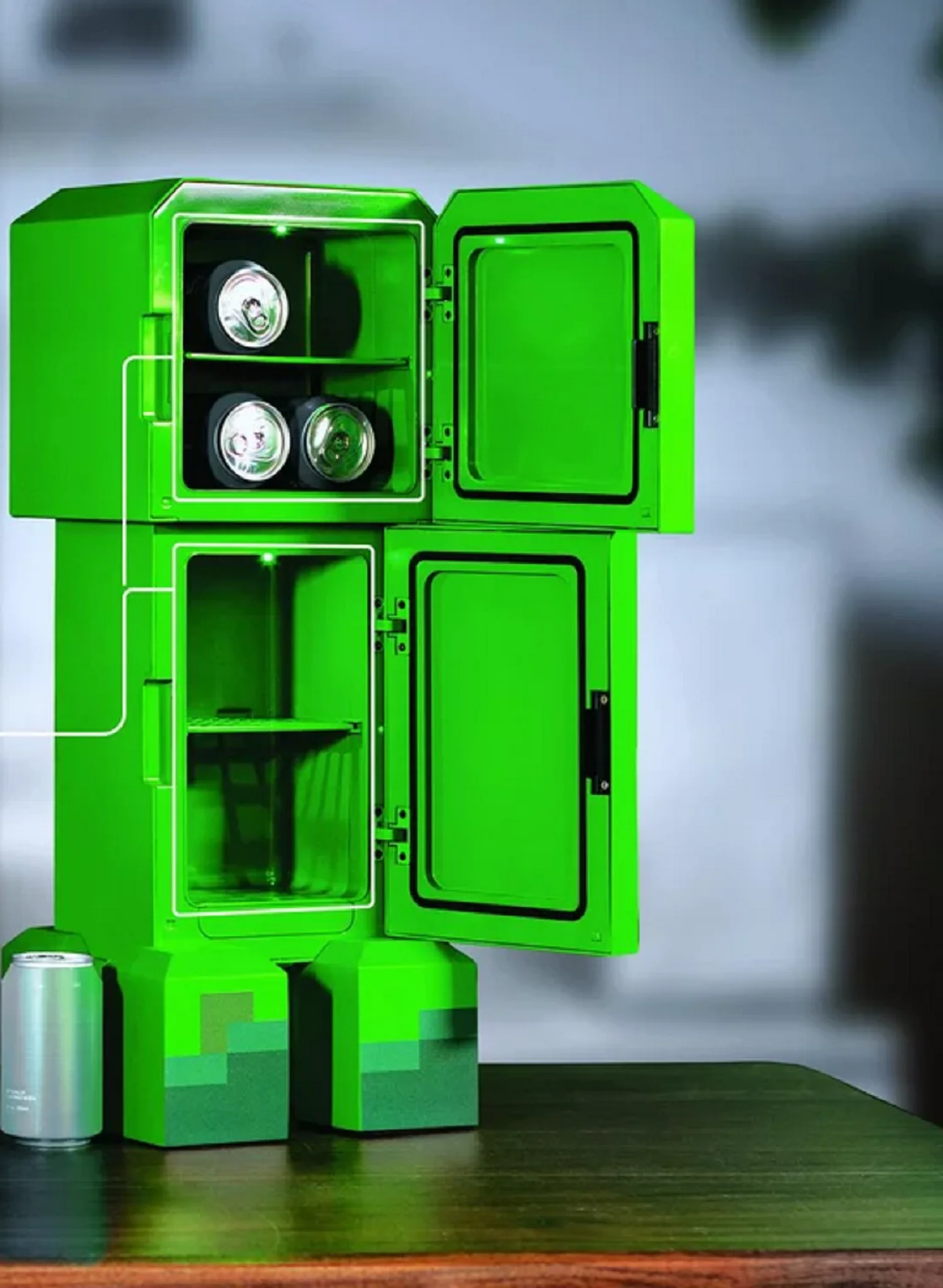 Minecraft Creeper Mini Fridge 2 Door, 8L, Green, 25.2" H 9.5" W 9.1" D - Image 2
