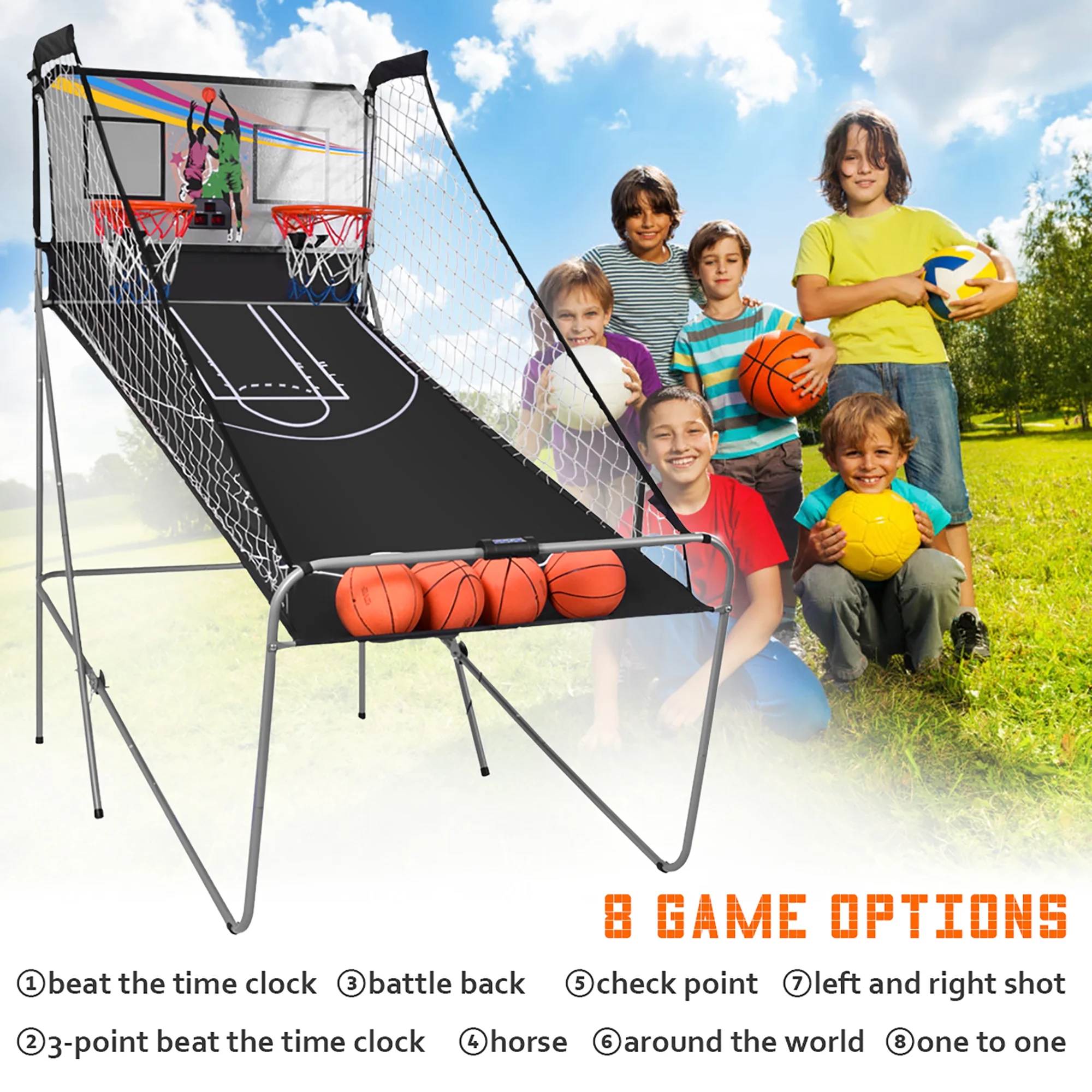Costway Dual LED Electronic Shot Basketball Arcade Game with 8 Game Modes 4 Balls Foldable Grey - Image 2