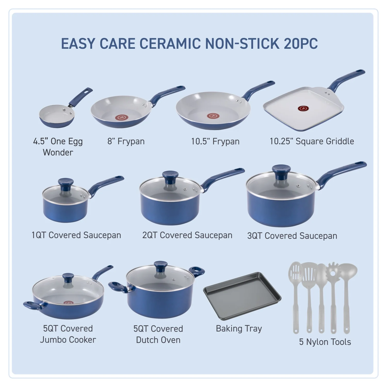 T-fal Easy Care Ceramic, 20 Piece Pots and Pans Cookware Set, Electric Blue - Image 2