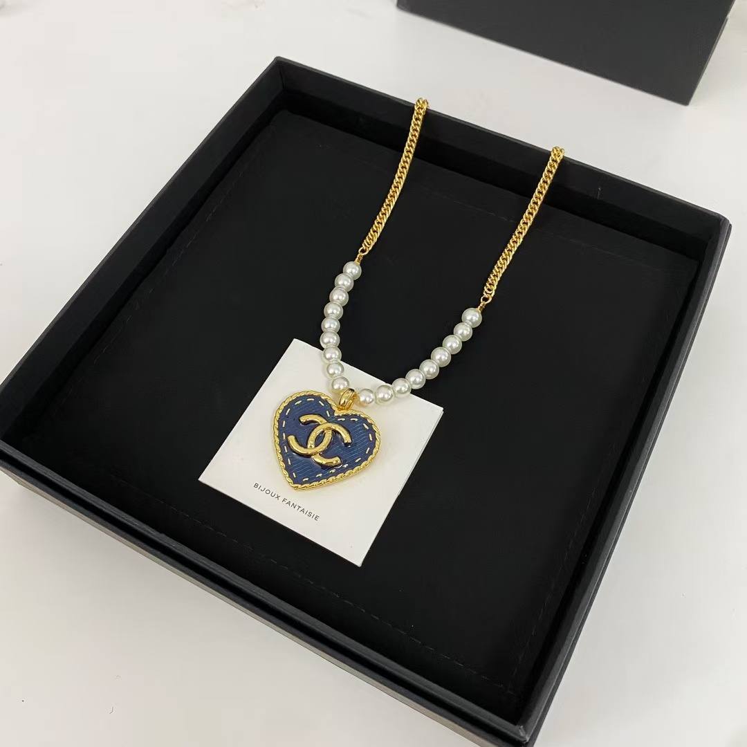 Chanel Denim Heart Double C Pendant Pearl Necklace - Original Replica Club