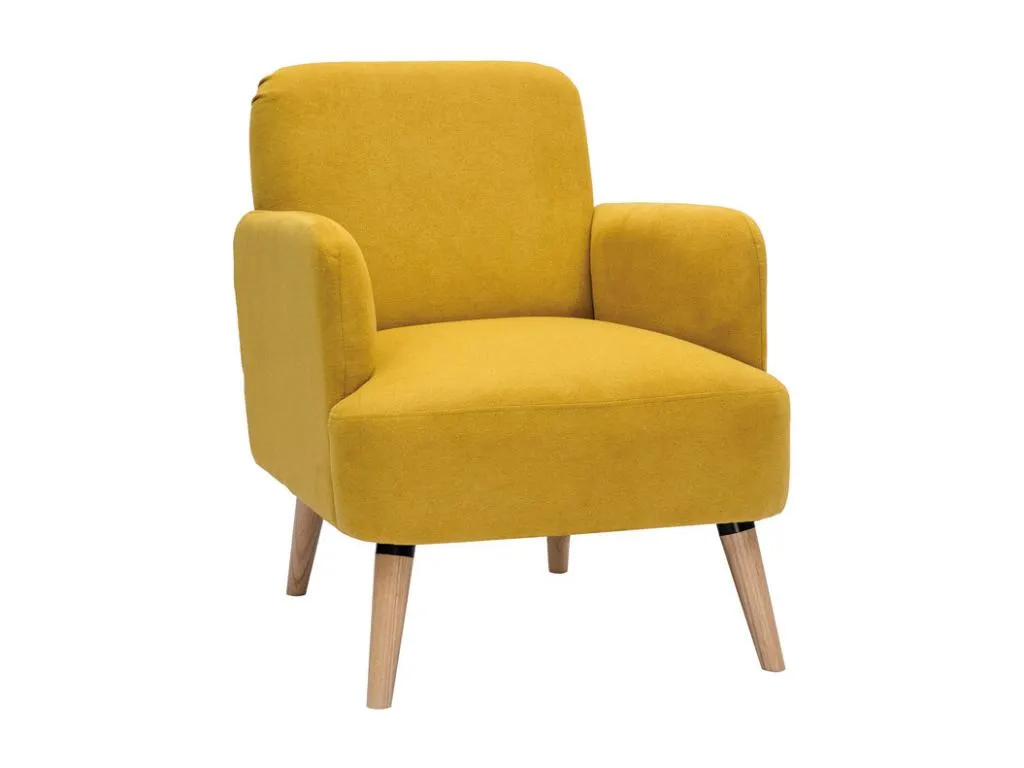 Sillón nórdico de tejido efecto aterciopelado texturizado amarillo mostaza y madera Quietena