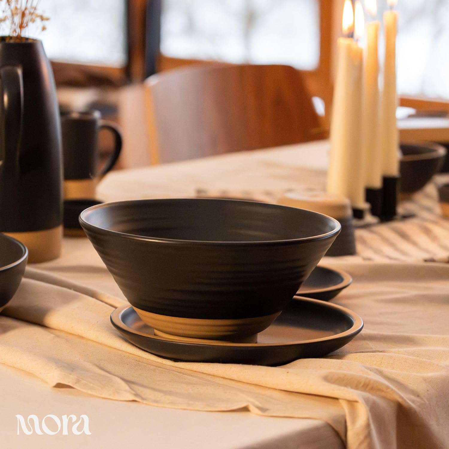 MORA Ceramic Ramen Bowl Set of 2, 45oz - Great for Pho, Miso Udon Soup, Instant Noodles, Serving, Thai or Asian Food - Microwave Safe Large Japanese Noodle Bowls, Modern Kitchen - Liquorice