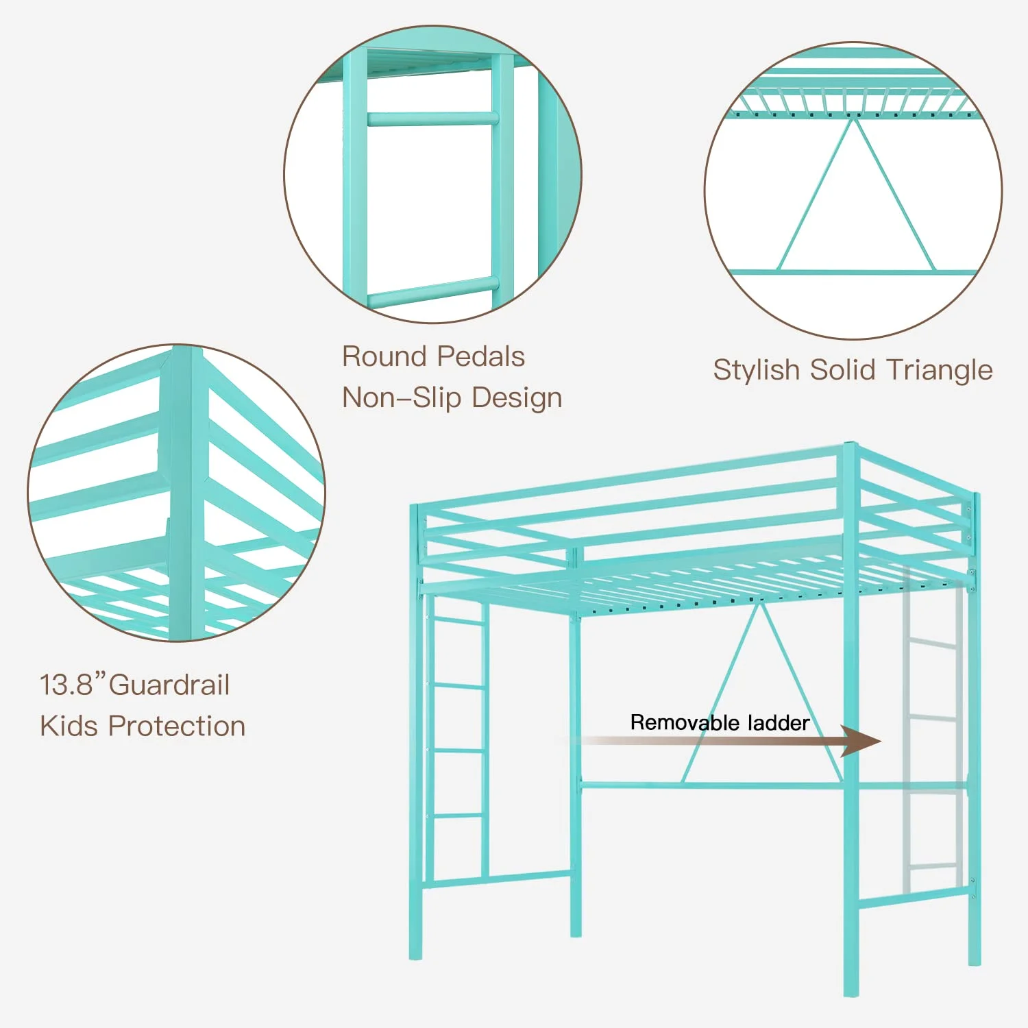 Einfach Metal Twin Size Loft Bed with Removable Ladder & Full-Length Guardrail, White - Image 26