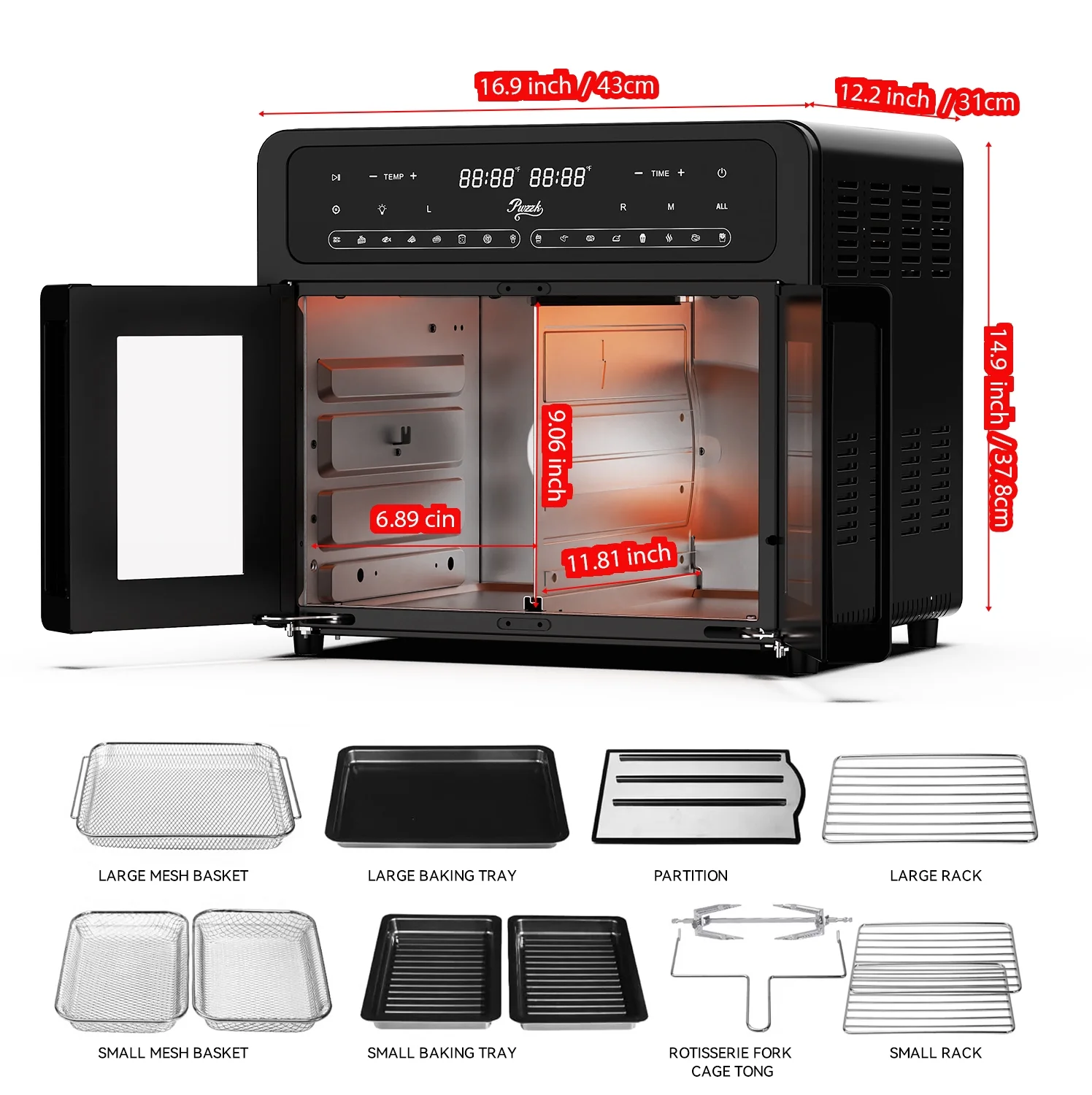 PwZzk 25.4QT Dual Zone Air Fryer Toaster Oven Combo, French Glass Door, XL Capacity, 100-430-F Temperature Range, 16 Preset Functions, LED Display, Dual Fan, 360- Heat Circulation, Rotisserie, Bake, - Image 3