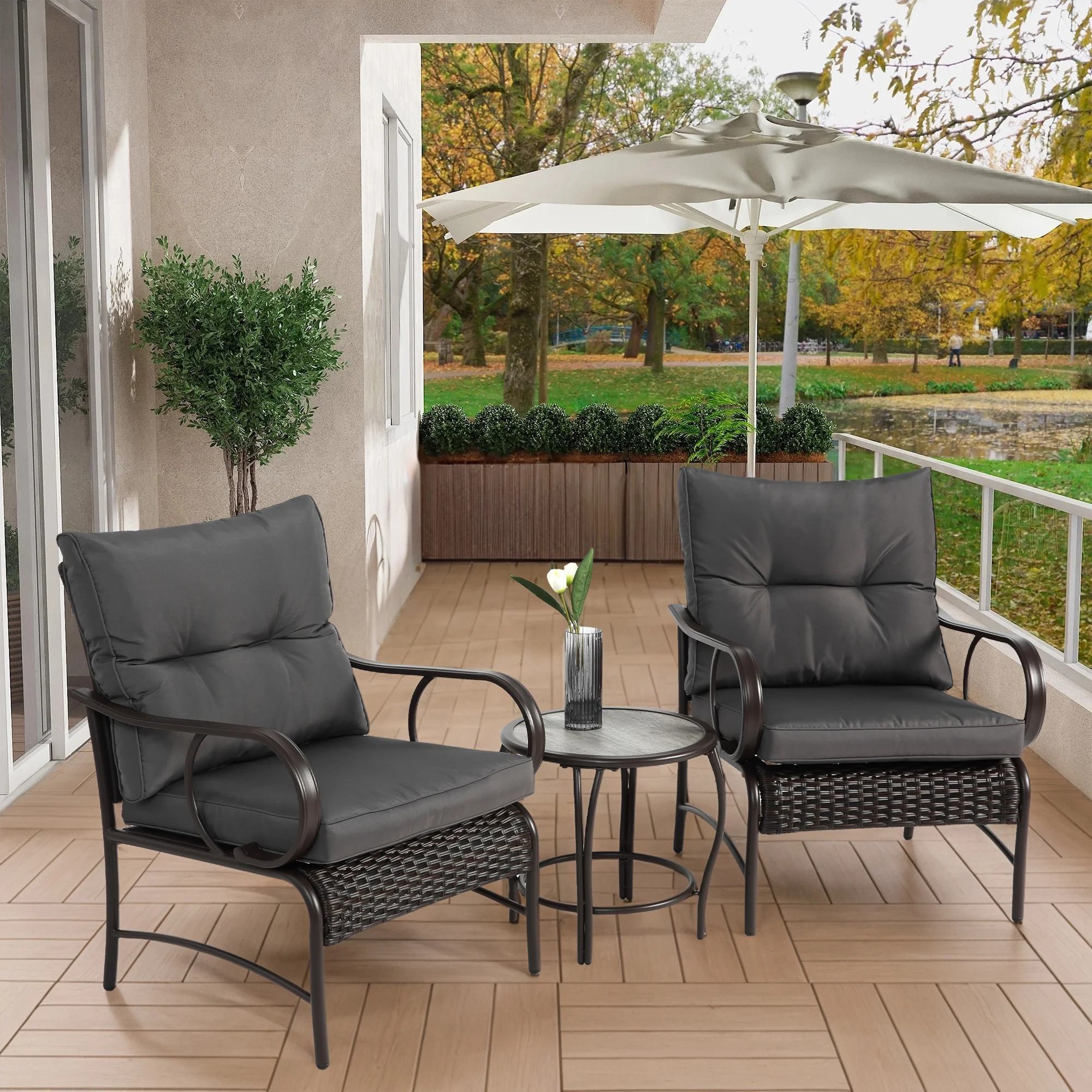 Villeston 3 Piece Outdoor Wicker Conversation Patio Set, with 2 Chairs, Table for Porch Garden,Blue - Image 17