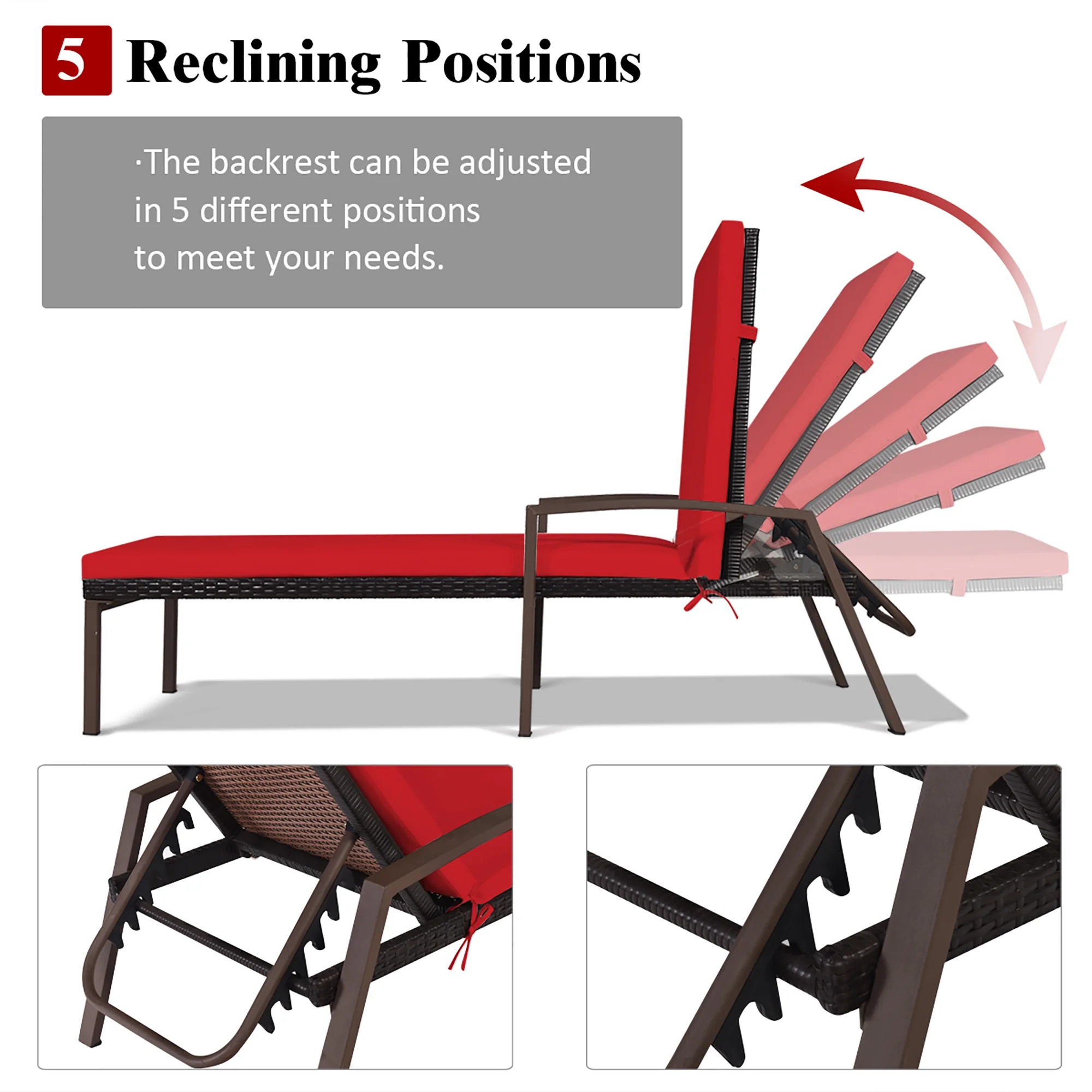 Costway 2PCS Patio Rattan Lounge Chair Chaise Recliner Back Adjustable Cushioned Red - Image 7