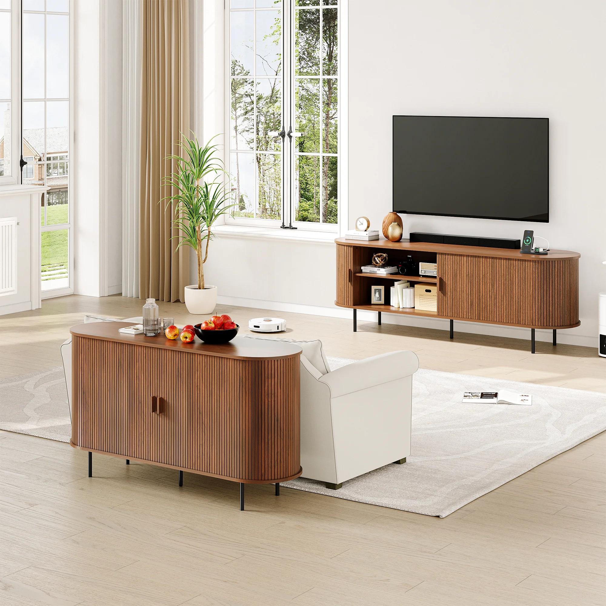 MARNUR 63" TV Stand for 70" TV, Wood Entertainment Center with Storage and Shelves, 2 Sliding Tambour Doors, Mid-Century Modern, Walnut - Image 9